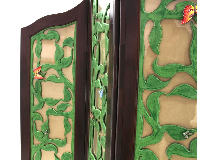 Decorative Carved and Upholstered Screen Room Divider For Sale 1