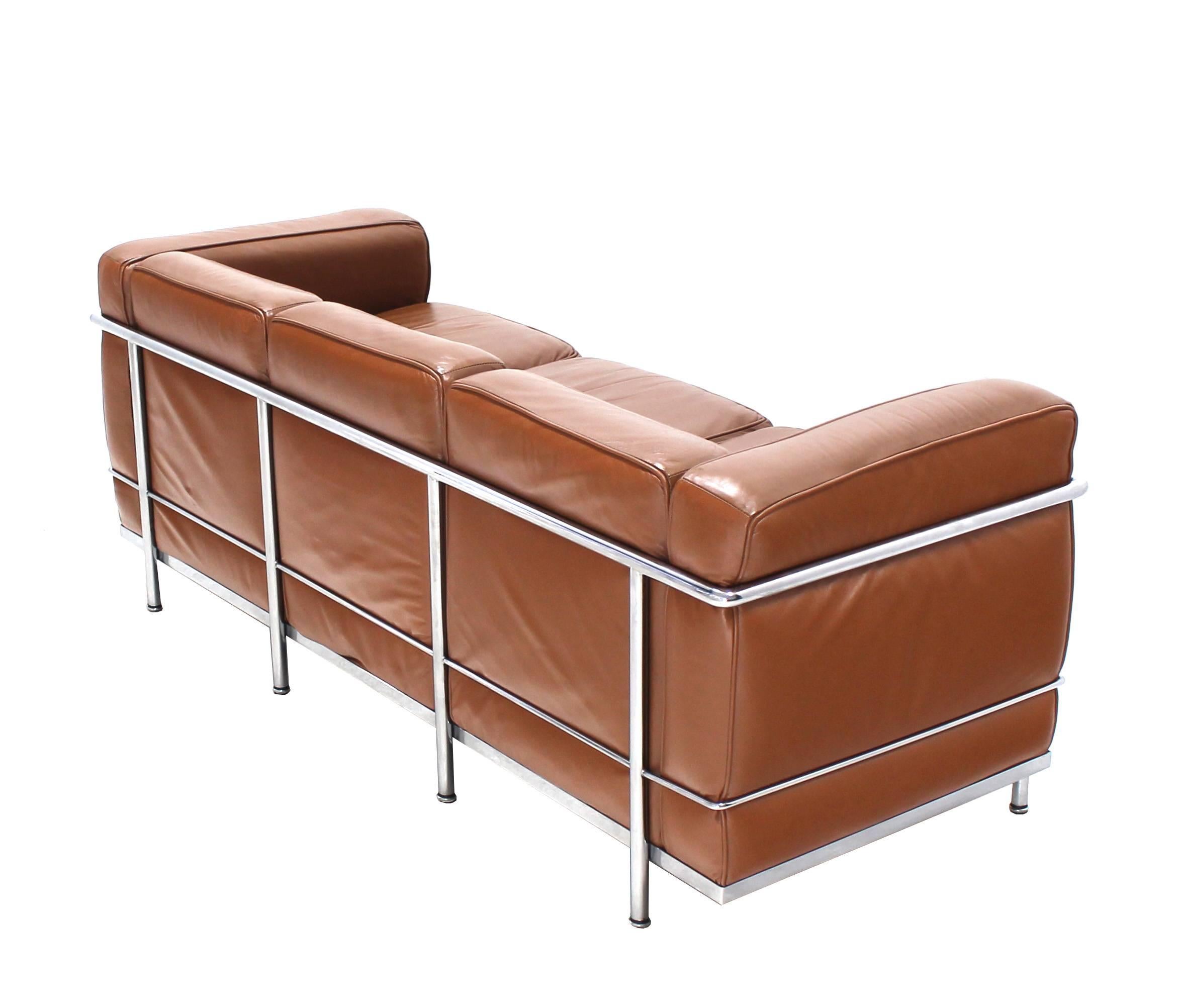 Mid-Century Modern Le Corbusier LC2 Cassina Brown Leather Three-Seat Sofa