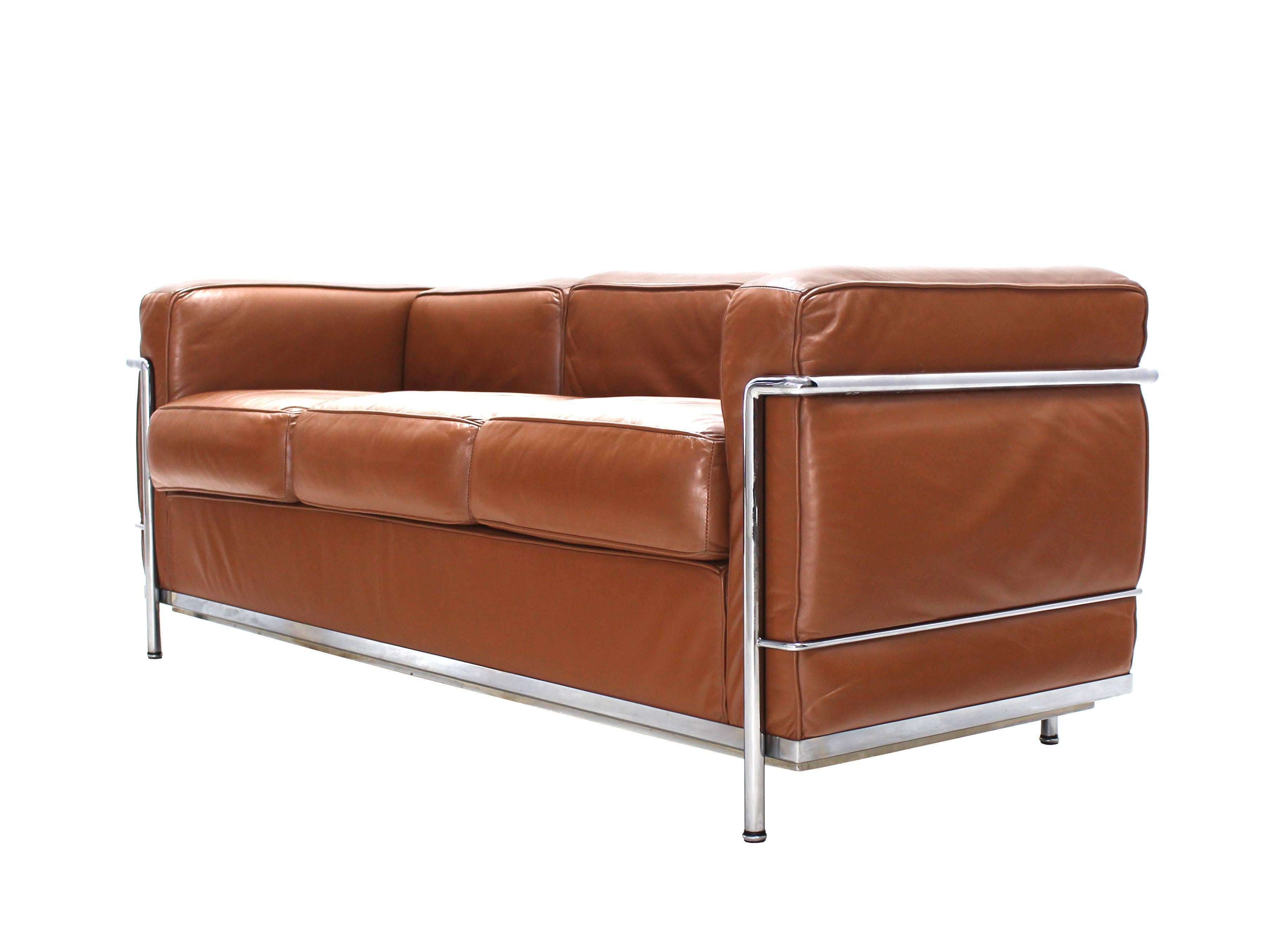 American Le Corbusier LC2 Cassina Brown Leather Three-Seat Sofa