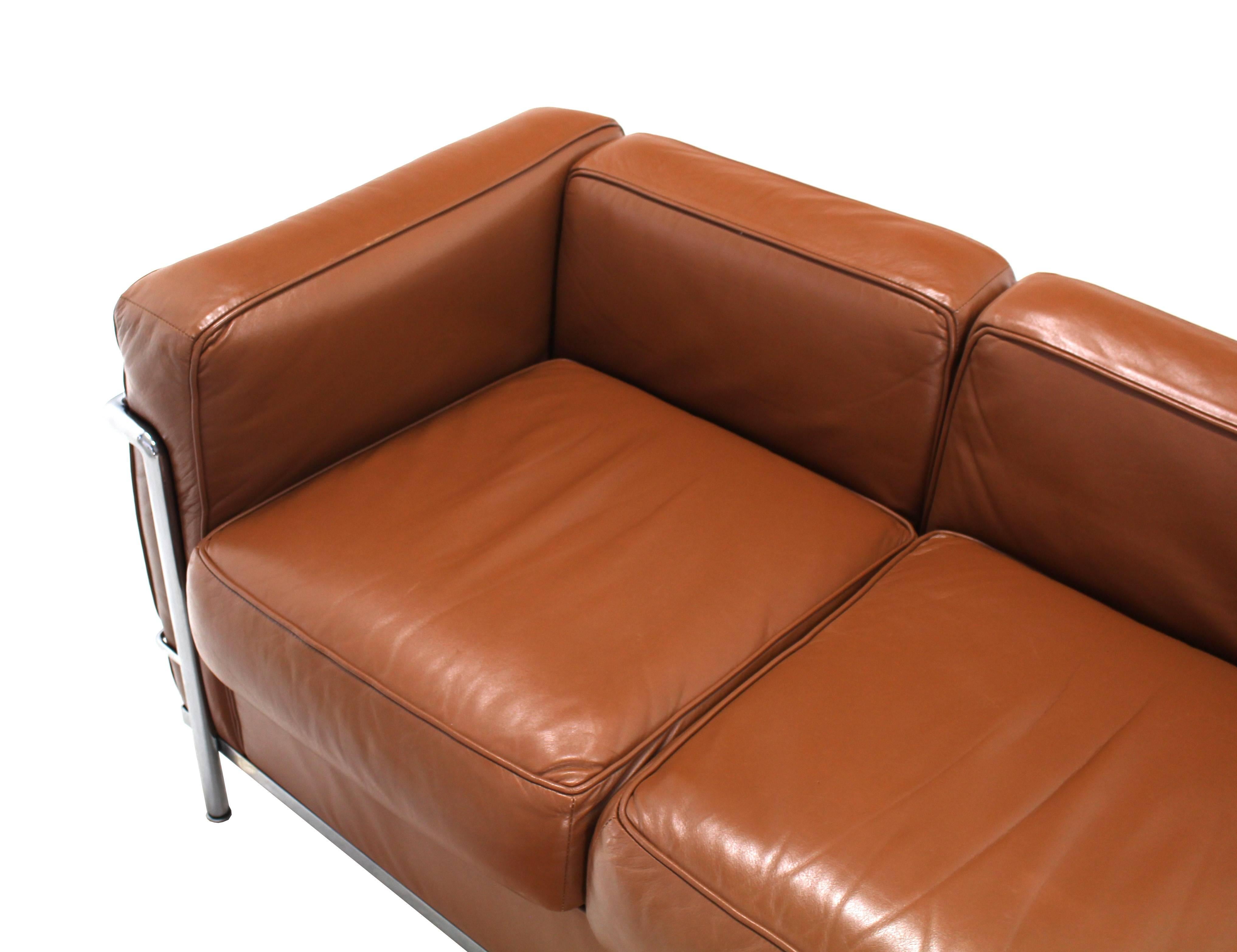 20th Century Le Corbusier LC2 Cassina Brown Leather Three-Seat Sofa