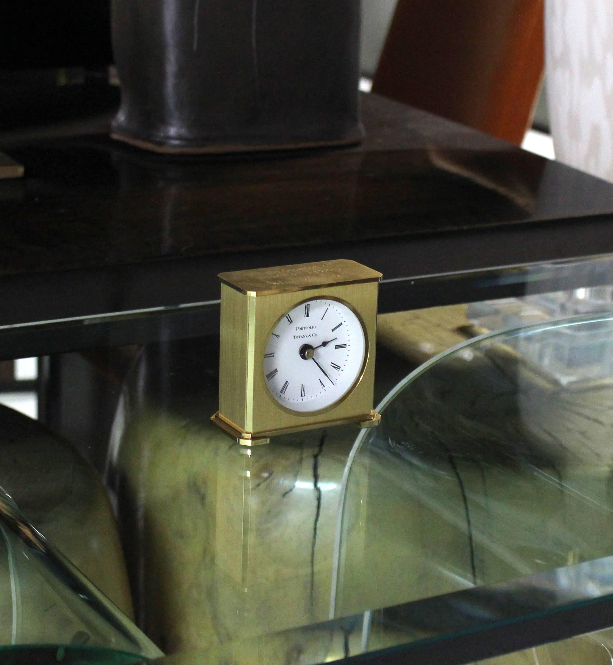 Very nice Mid-Century Modern design brass case tiffany desk clock.