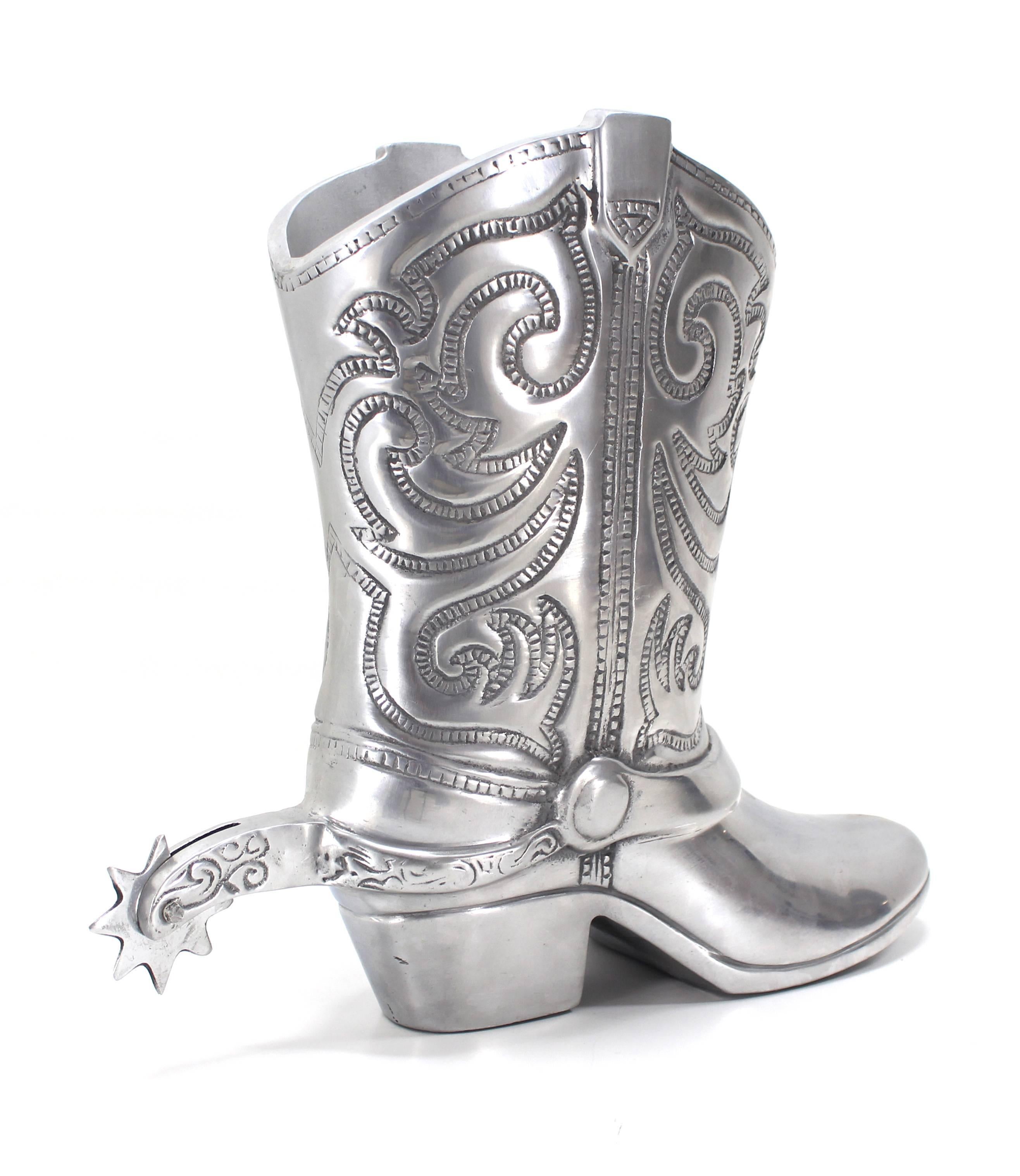 20th Century Large Cast Metal Western Boot Vase Planter Towle Silver For Sale