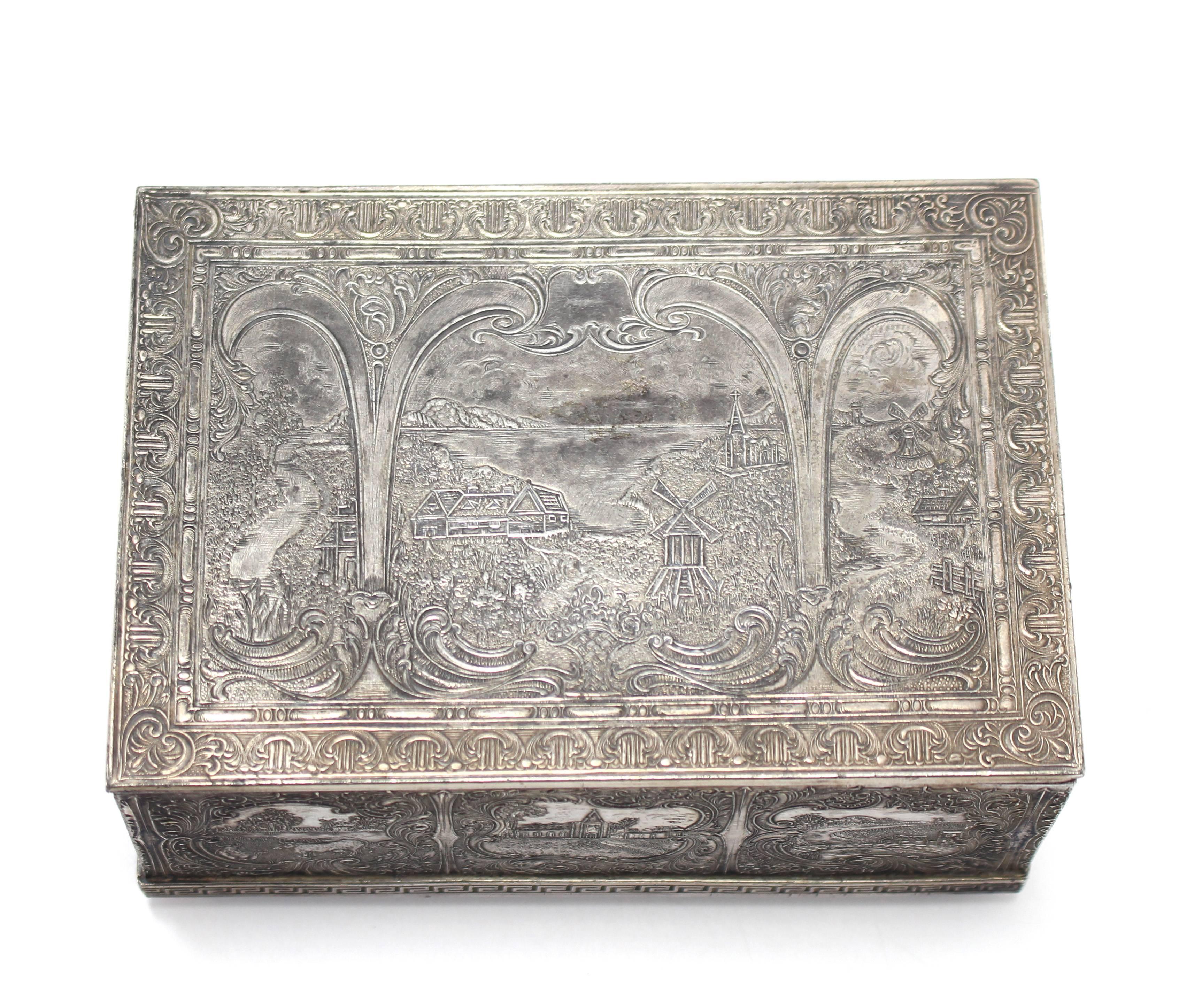 Unknown Silvered Dutch Farm Scene Decorated Antique Jewelry Box Tea Caddie Greek Key