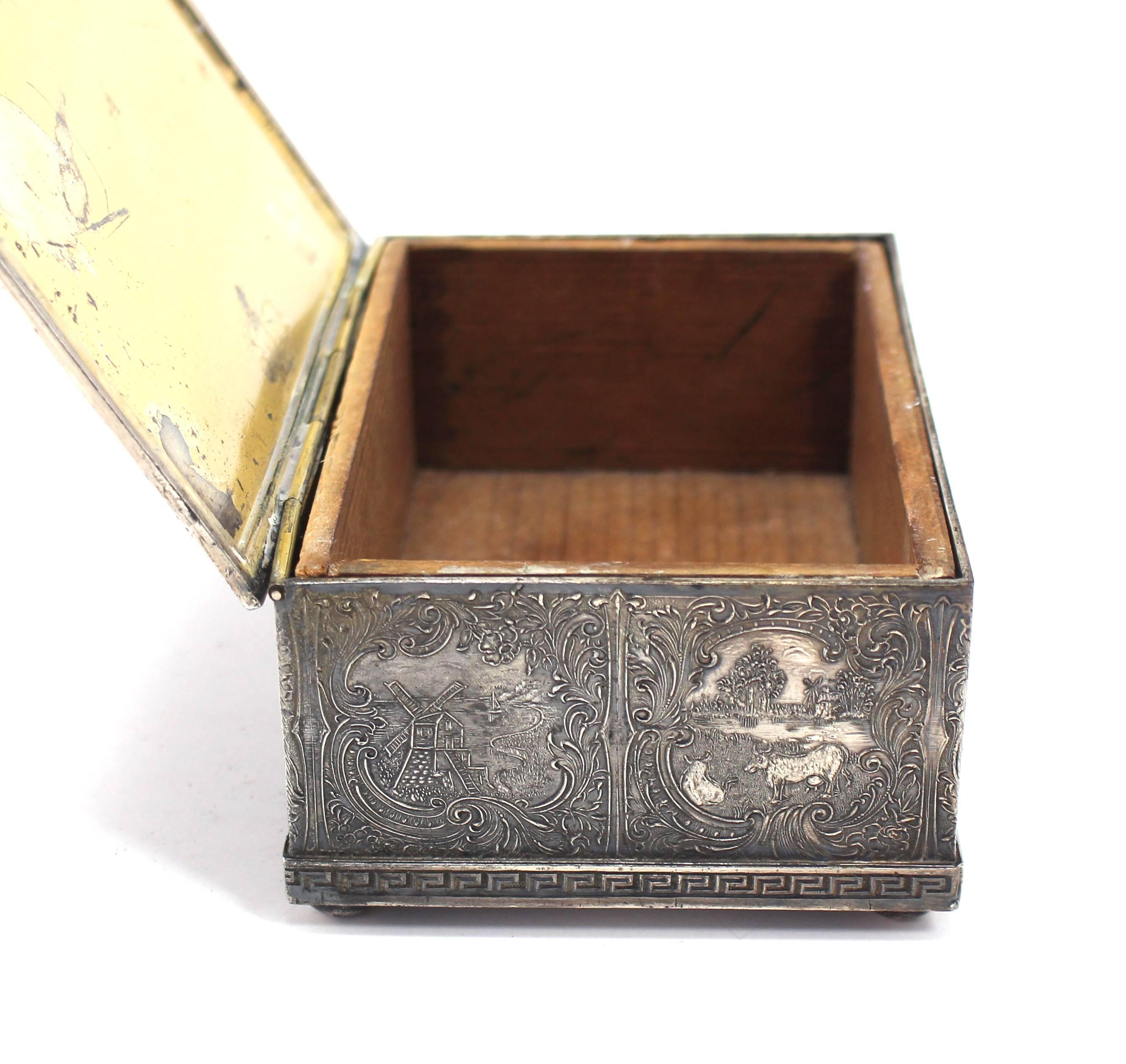 20th Century Silvered Dutch Farm Scene Decorated Antique Jewelry Box Tea Caddie Greek Key