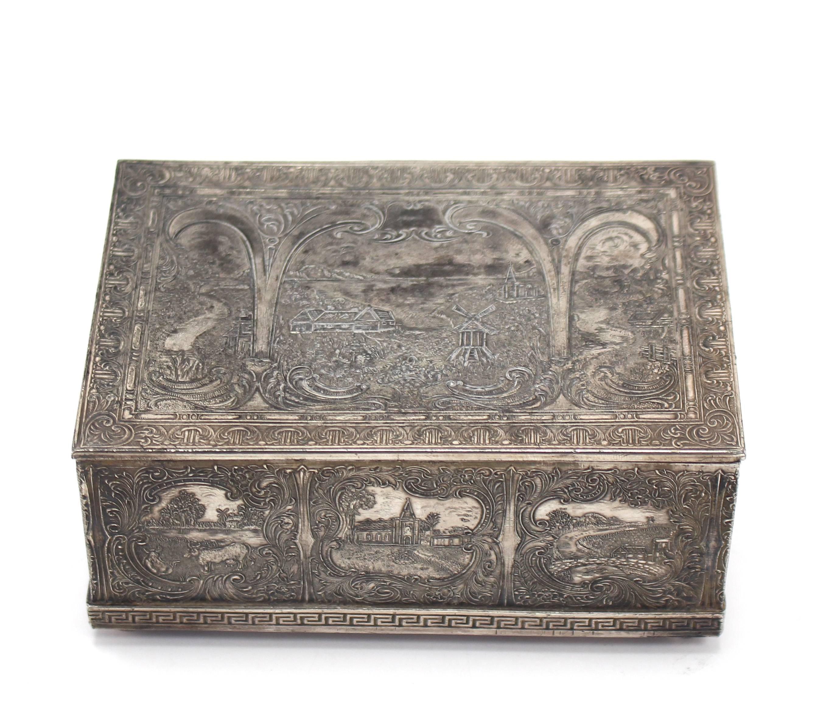 Silvered Dutch Farm Scene Decorated Antique Jewelry Box Tea Caddie Greek Key 1