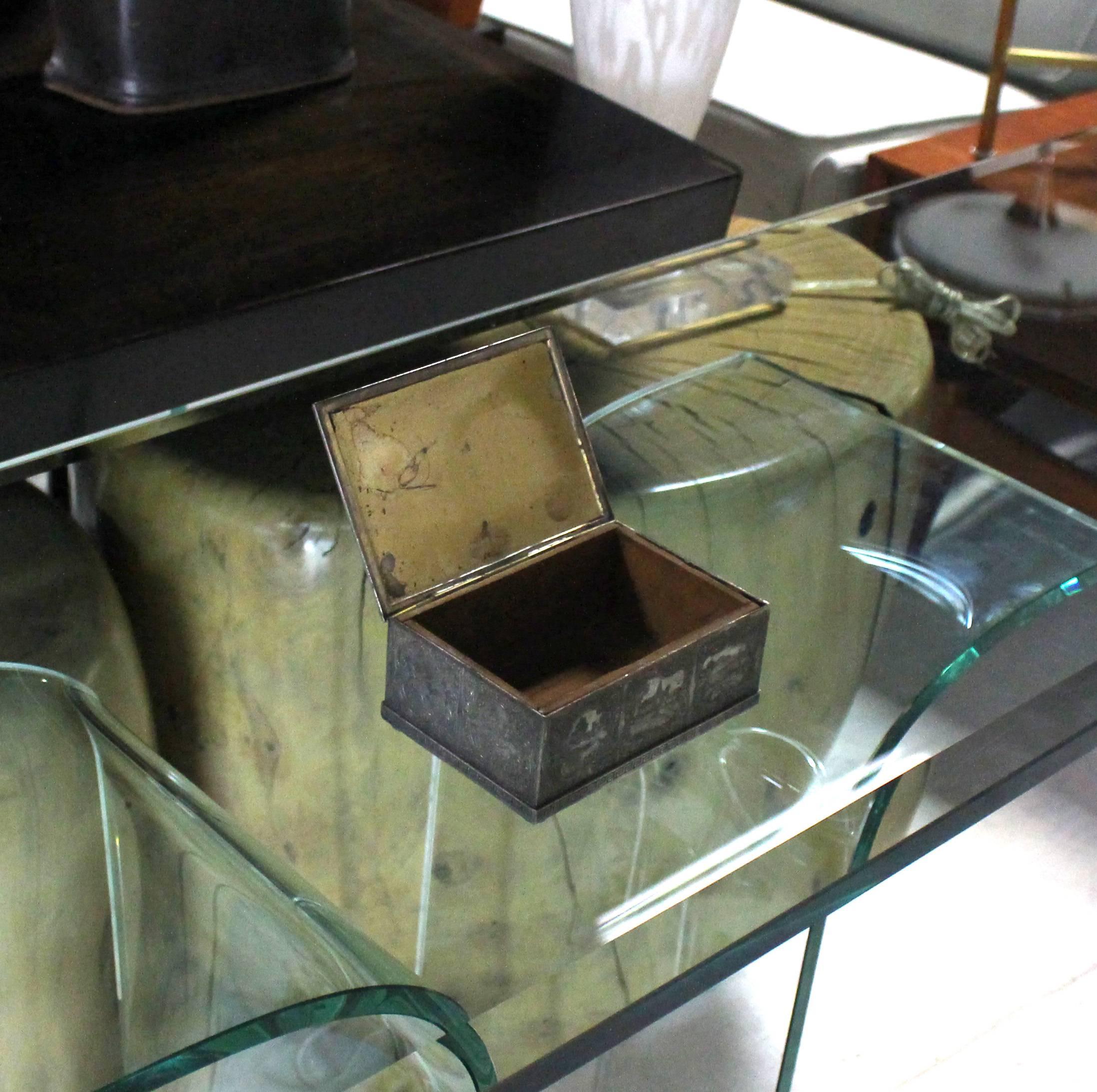 Silvered Dutch Farm Scene Decorated Antique Jewelry Box Tea Caddie Greek Key 2