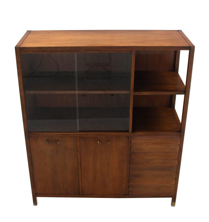 Mid-Century Modern Mid-Century Walnut Bookcase Server Display Cabinet W/ Drawers Glass Sliding Door For Sale