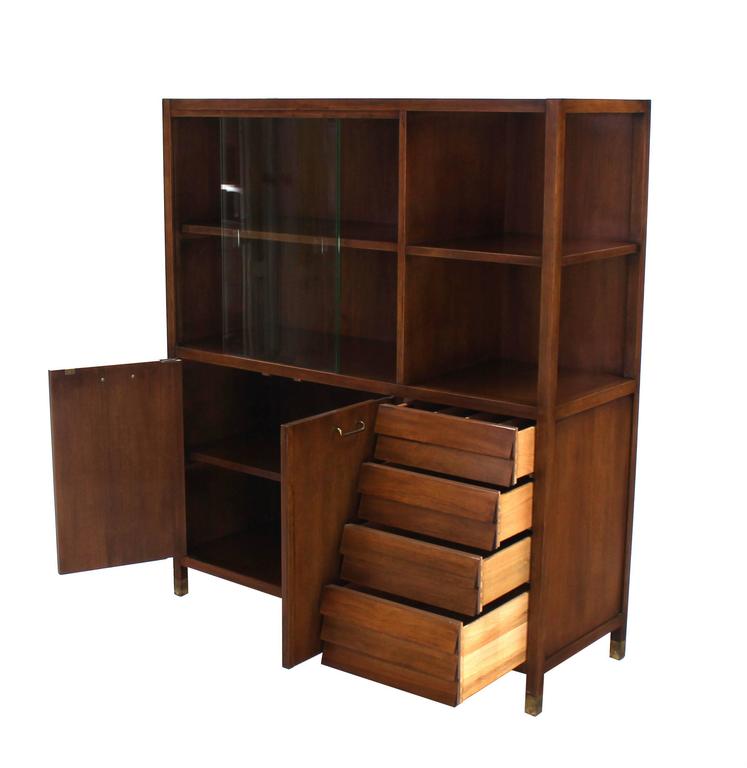 American Mid-Century Walnut Bookcase Server Display Cabinet W/ Drawers Glass Sliding Door For Sale