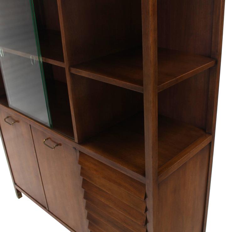 Mid-Century Walnut Bookcase Server Display Cabinet W/ Drawers Glass Sliding Door In Good Condition For Sale In Rockaway, NJ