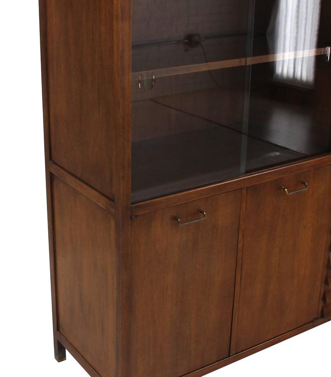 20th Century Mid-Century Walnut Bookcase Server Display Cabinet W/ Drawers Glass Sliding Door For Sale