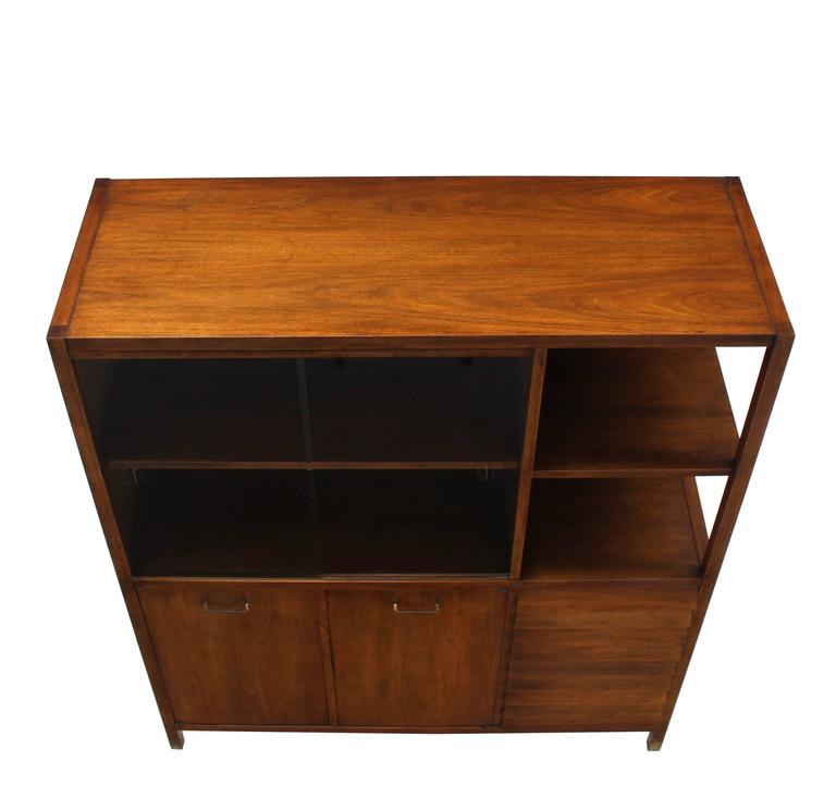 Mid-Century Walnut Bookcase Server Display Cabinet W/ Drawers Glass Sliding Door For Sale 1