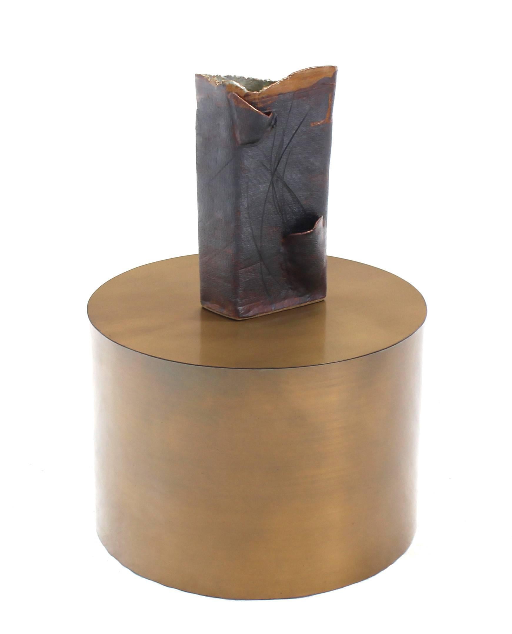 Mid-Century Modern Brass or Bronze Cylinder Side Round Coffee Table Base Pedestal