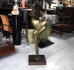 43"H Large Mid Century Modern Nude Bronze Abstract Dancer Sculpture Walnut Base