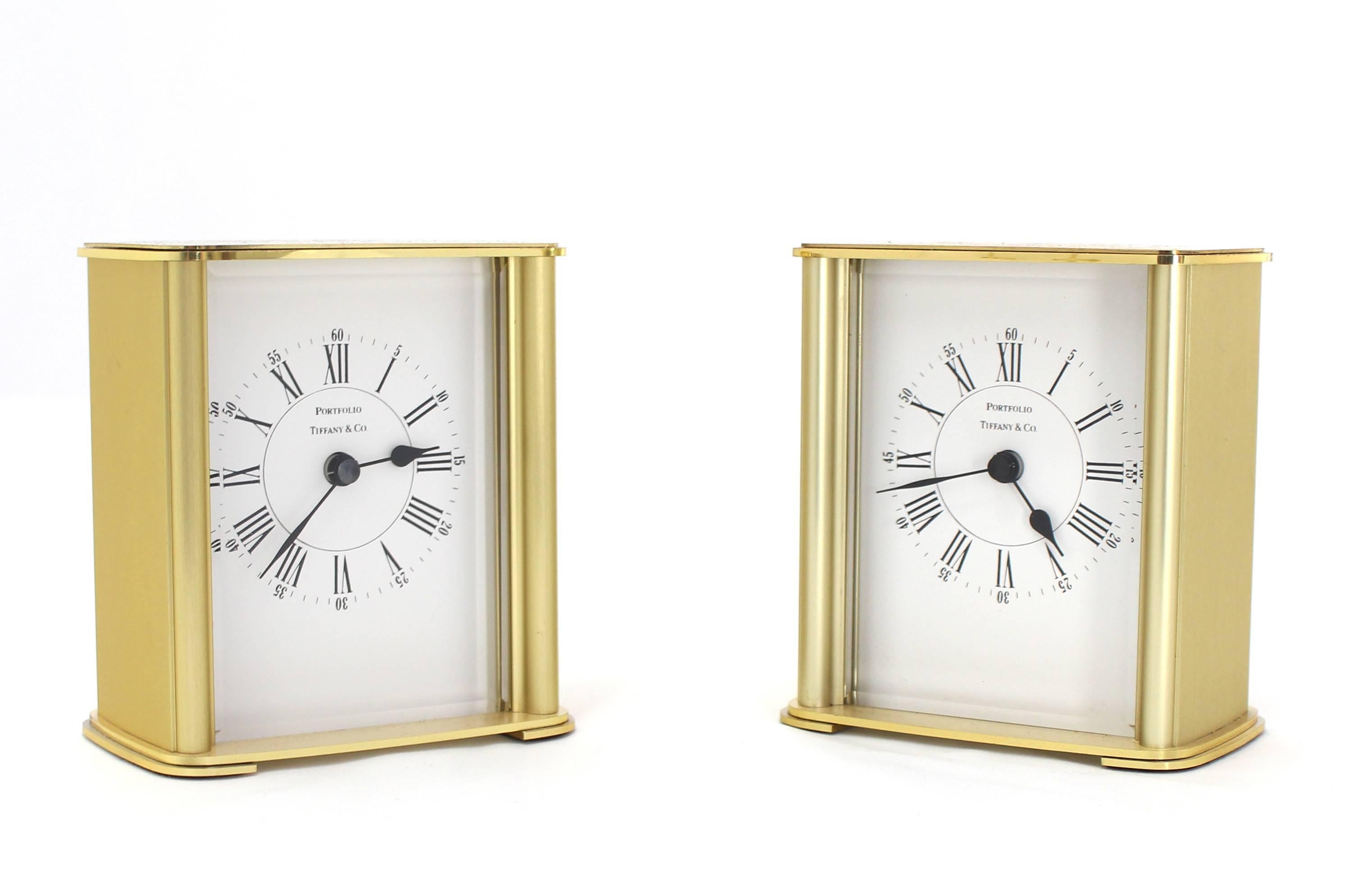Pair of very nice Mid-Century modern tiffany brass desk clocks.