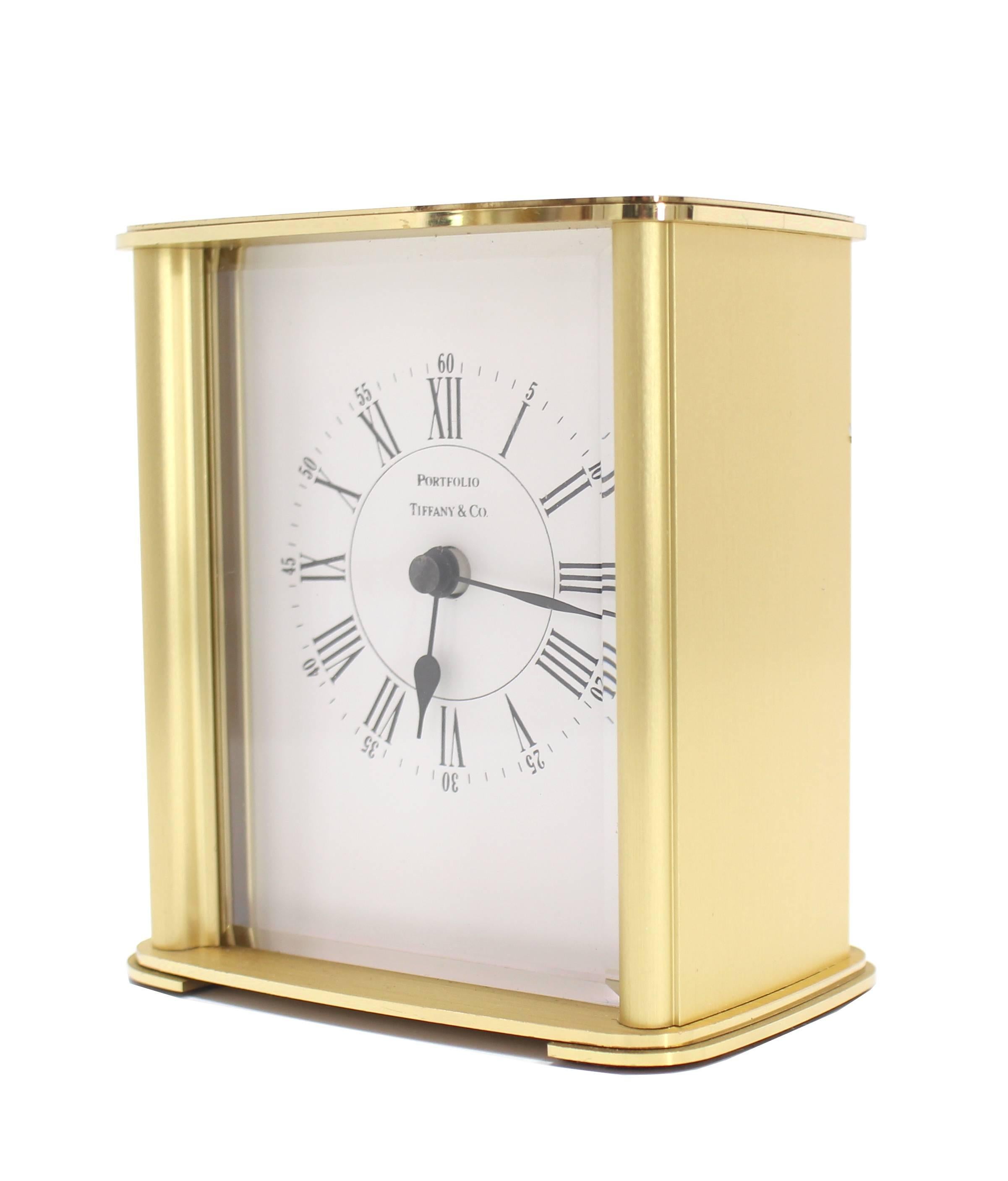 Pair of Brass Vintage Tiffany Desk Mantle Clocks Mid Century Modern Design In Excellent Condition In Rockaway, NJ