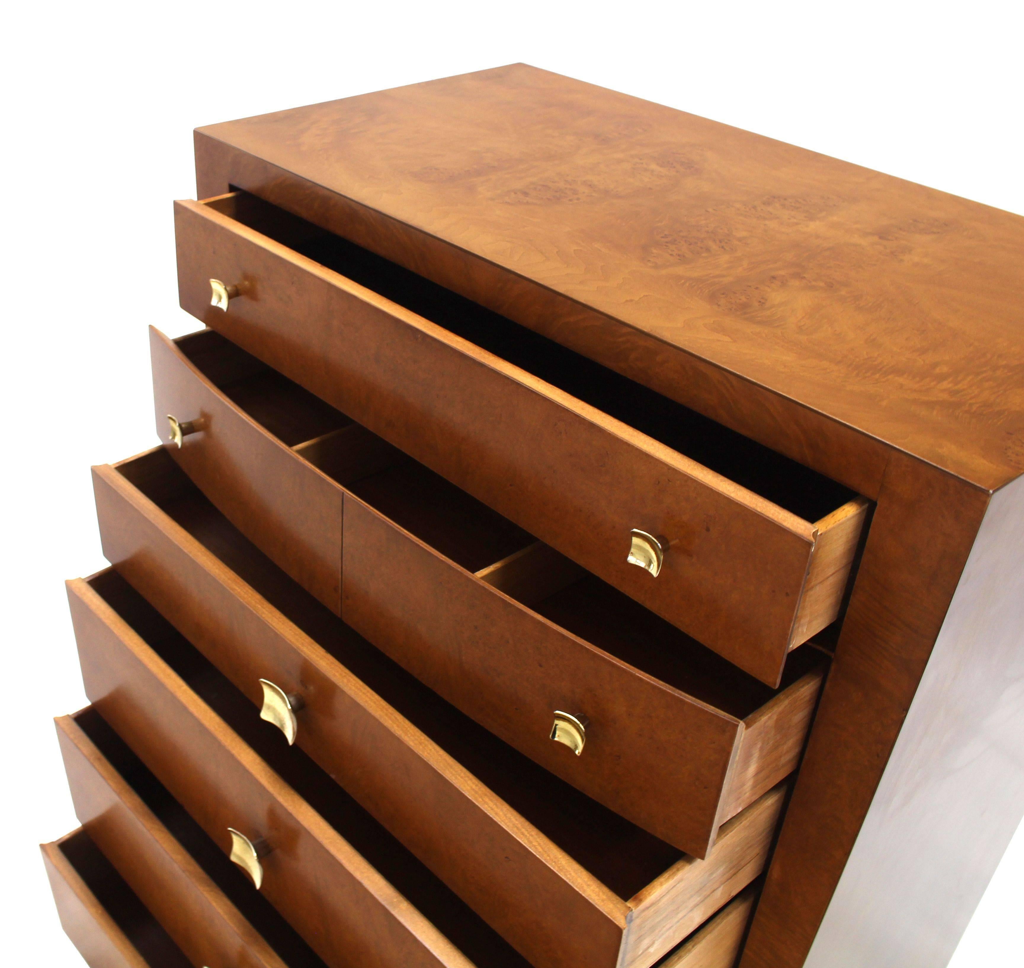 Mid Century Modern Burl Wood Walnut High Chest Dresser Art Deco In Excellent Condition In Rockaway, NJ