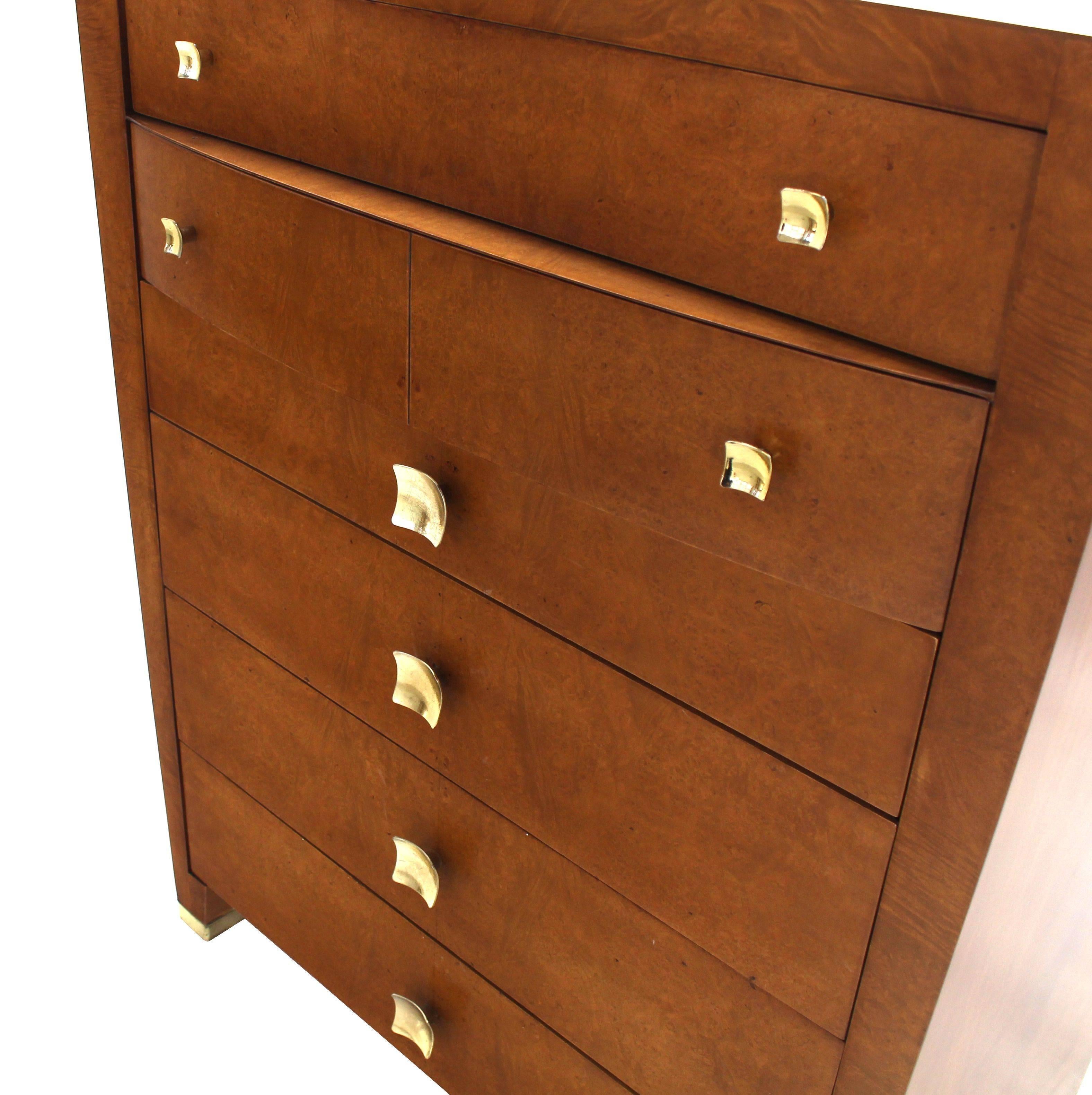 20th Century Mid Century Modern Burl Wood Walnut High Chest Dresser Art Deco
