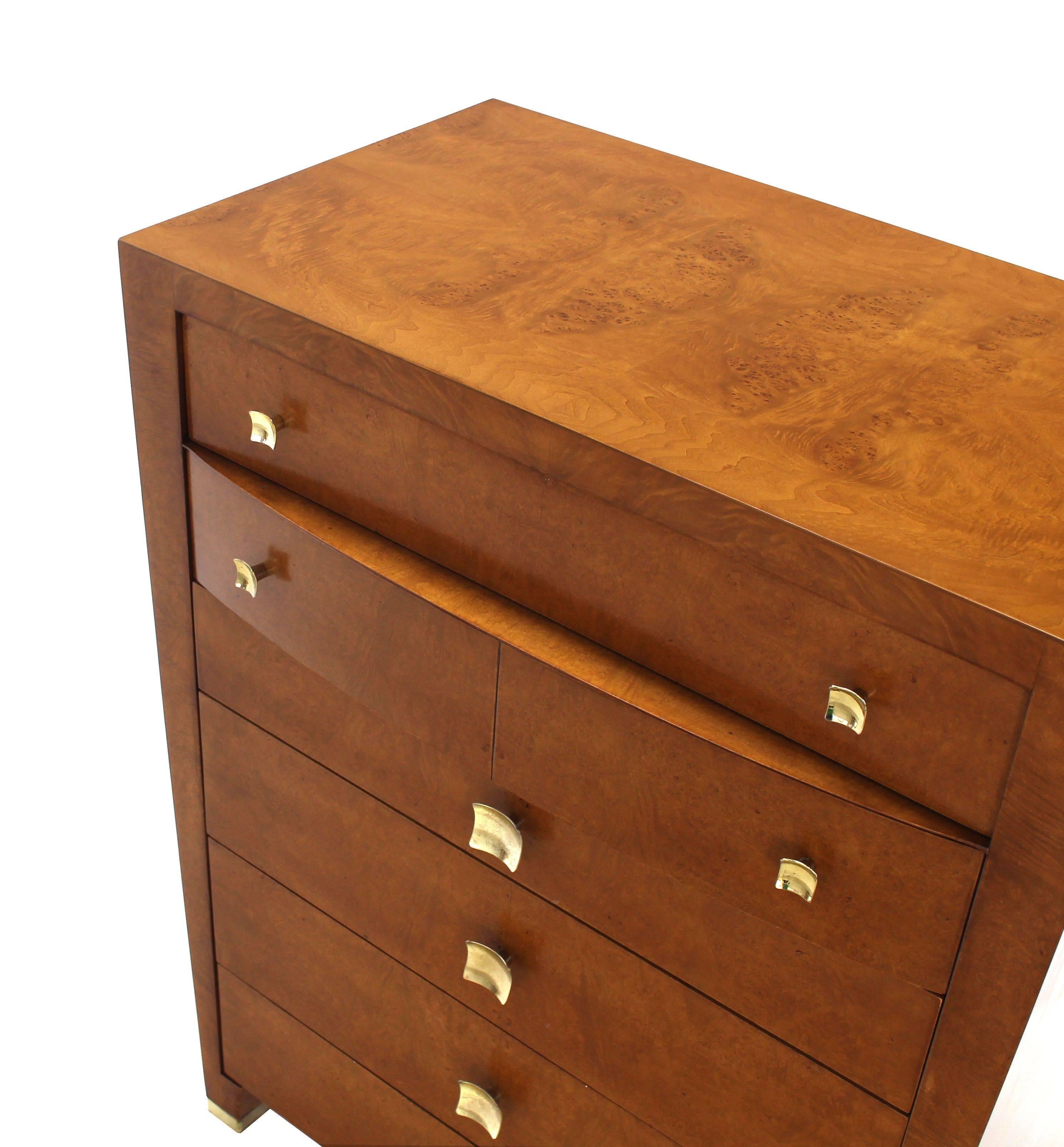 Brass Mid Century Modern Burl Wood Walnut High Chest Dresser Art Deco