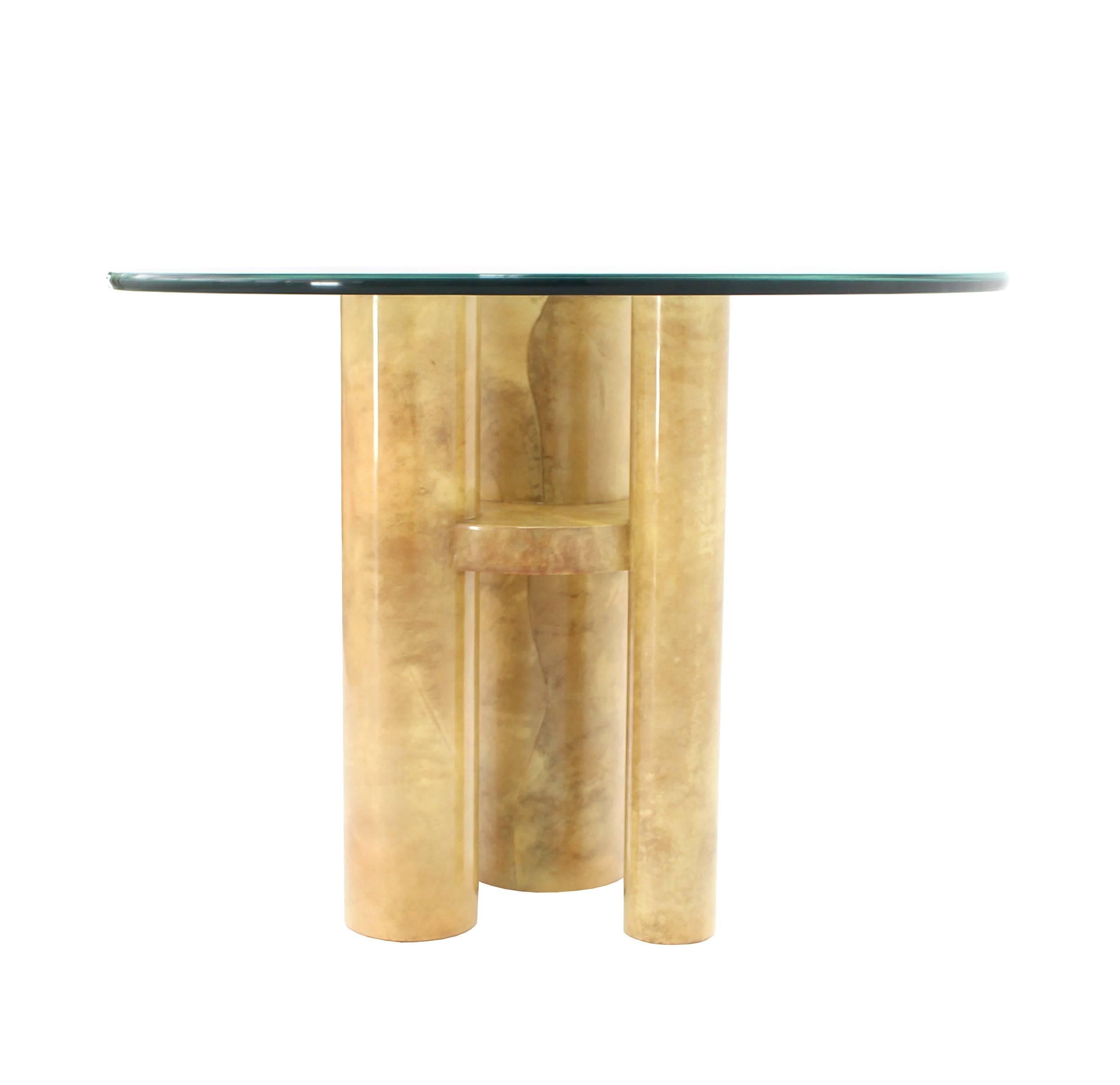 Mid-Century Modern Round Glass Top Three Goatskin Wrapped Cylinder Base Gueridon Centre Table
