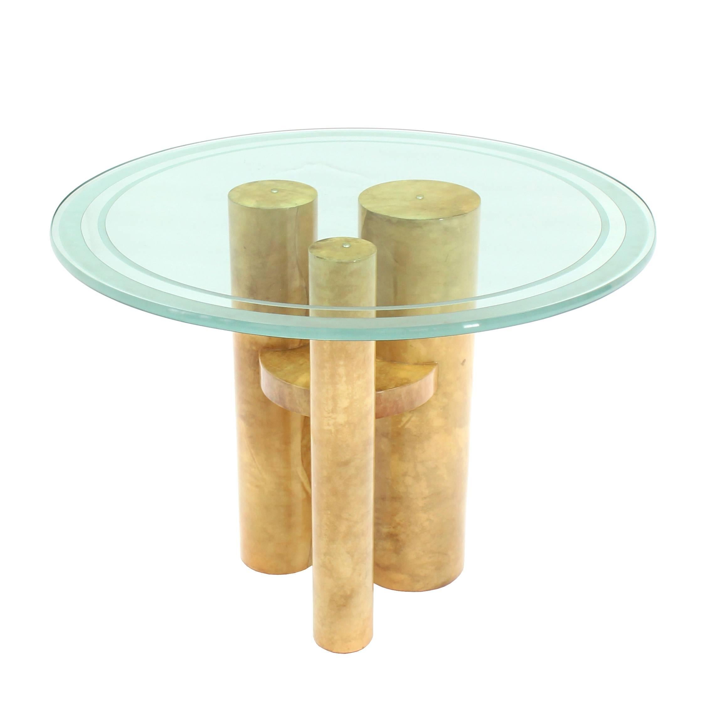 American Round Glass Top Three Goatskin Wrapped Cylinder Base Gueridon Centre Table