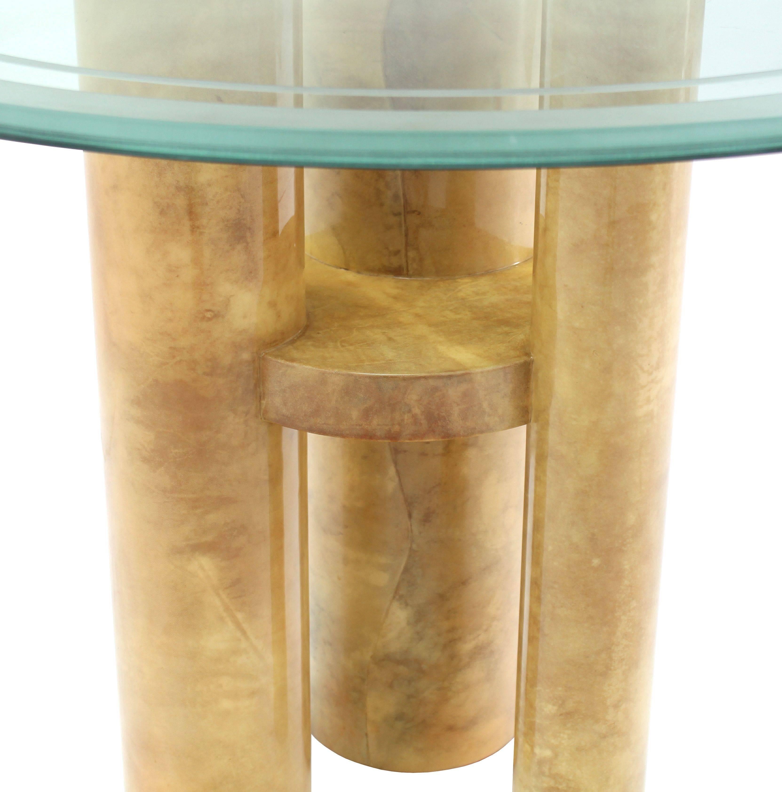 Lacquered Round Glass Top Three Goatskin Wrapped Cylinder Base Gueridon Centre Table