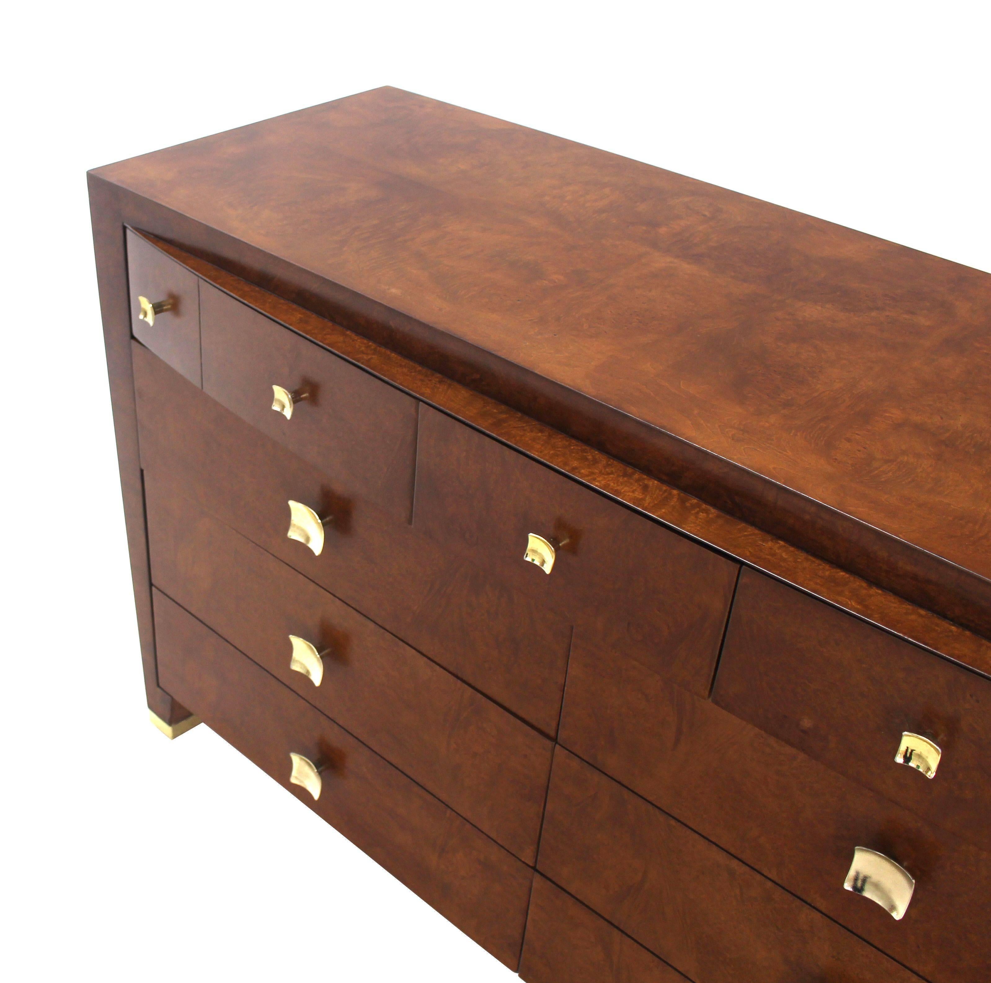 Mid-Century Modern Burl Wood Walnut Brass Hardware Pulls Art Deco Dresser Cabinet Chest of Drawers For Sale