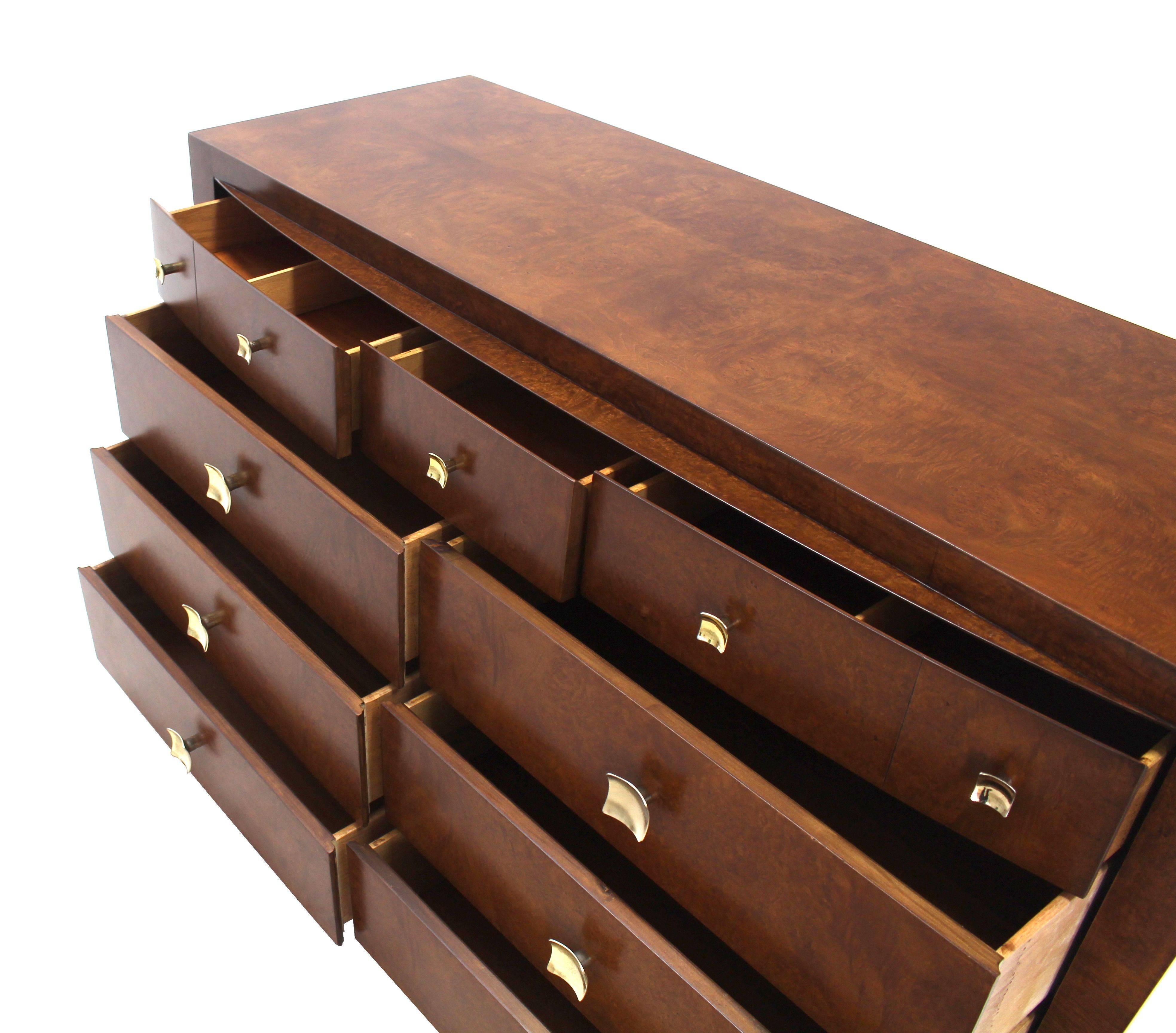 American Burl Wood Walnut Brass Hardware Pulls Art Deco Dresser Cabinet Chest of Drawers For Sale