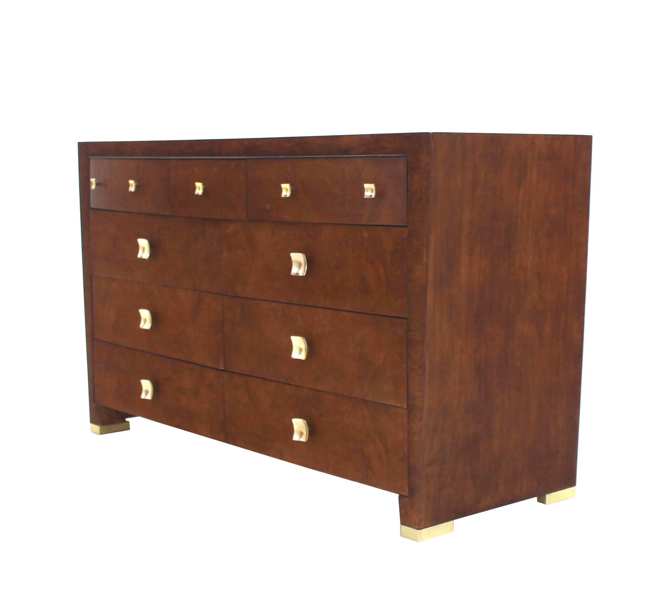 Lacquered Burl Wood Walnut Brass Hardware Pulls Art Deco Dresser Cabinet Chest of Drawers For Sale