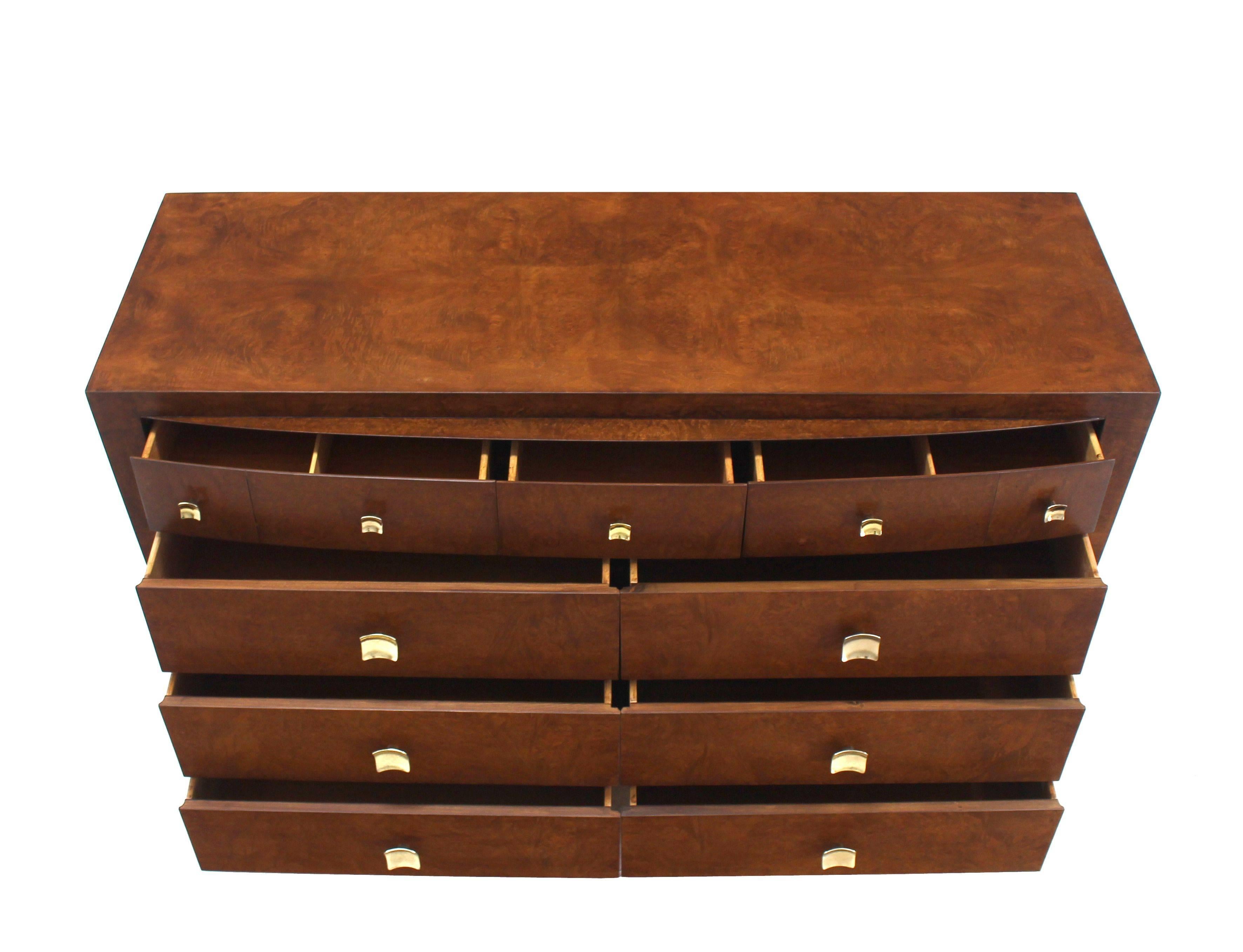 Burl Wood Walnut Brass Hardware Pulls Art Deco Dresser Cabinet Chest of Drawers In Excellent Condition For Sale In Rockaway, NJ