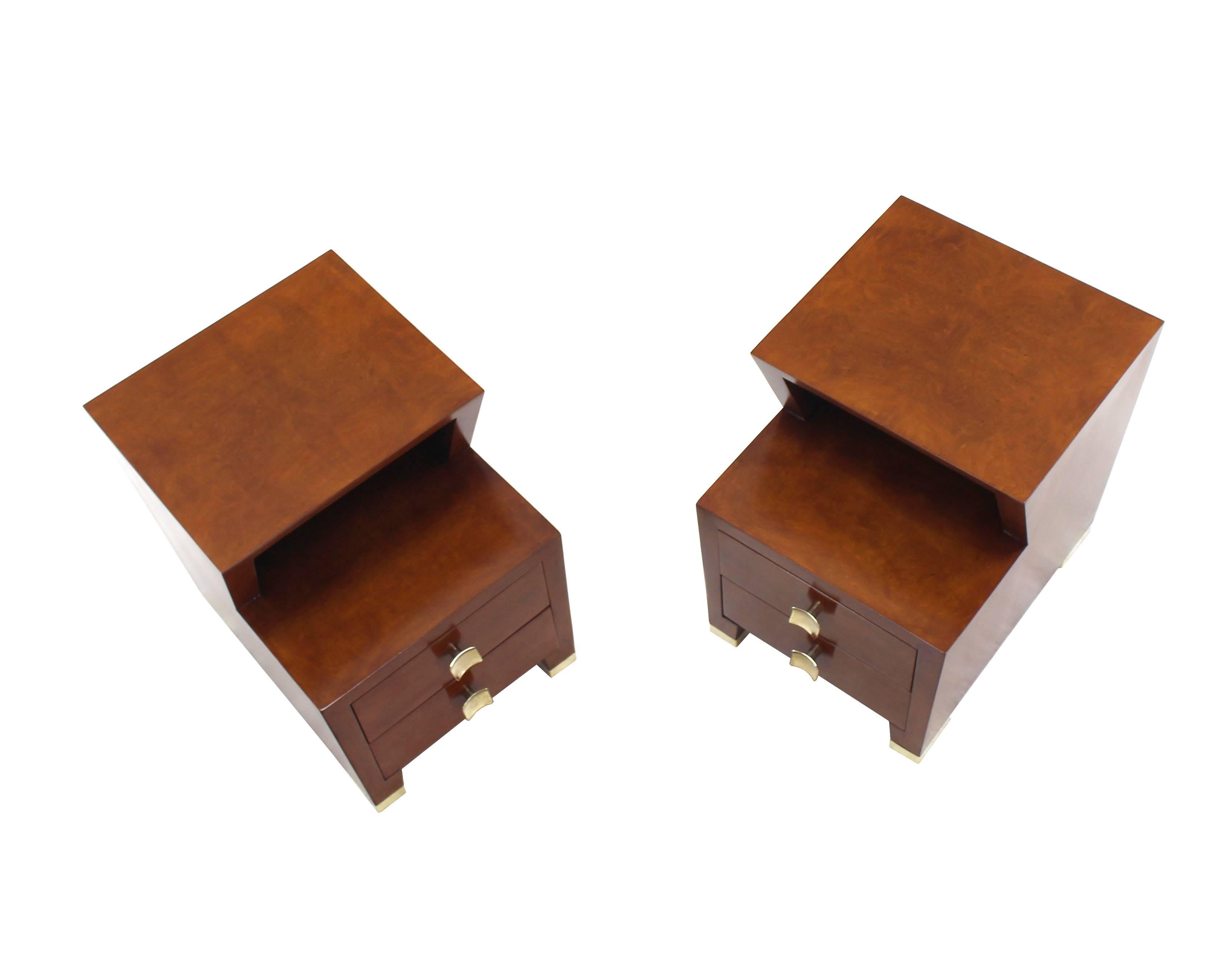 Pair of very nice Mid-Century Modern or Art Deco end tables in burl walnut with brass hardware.