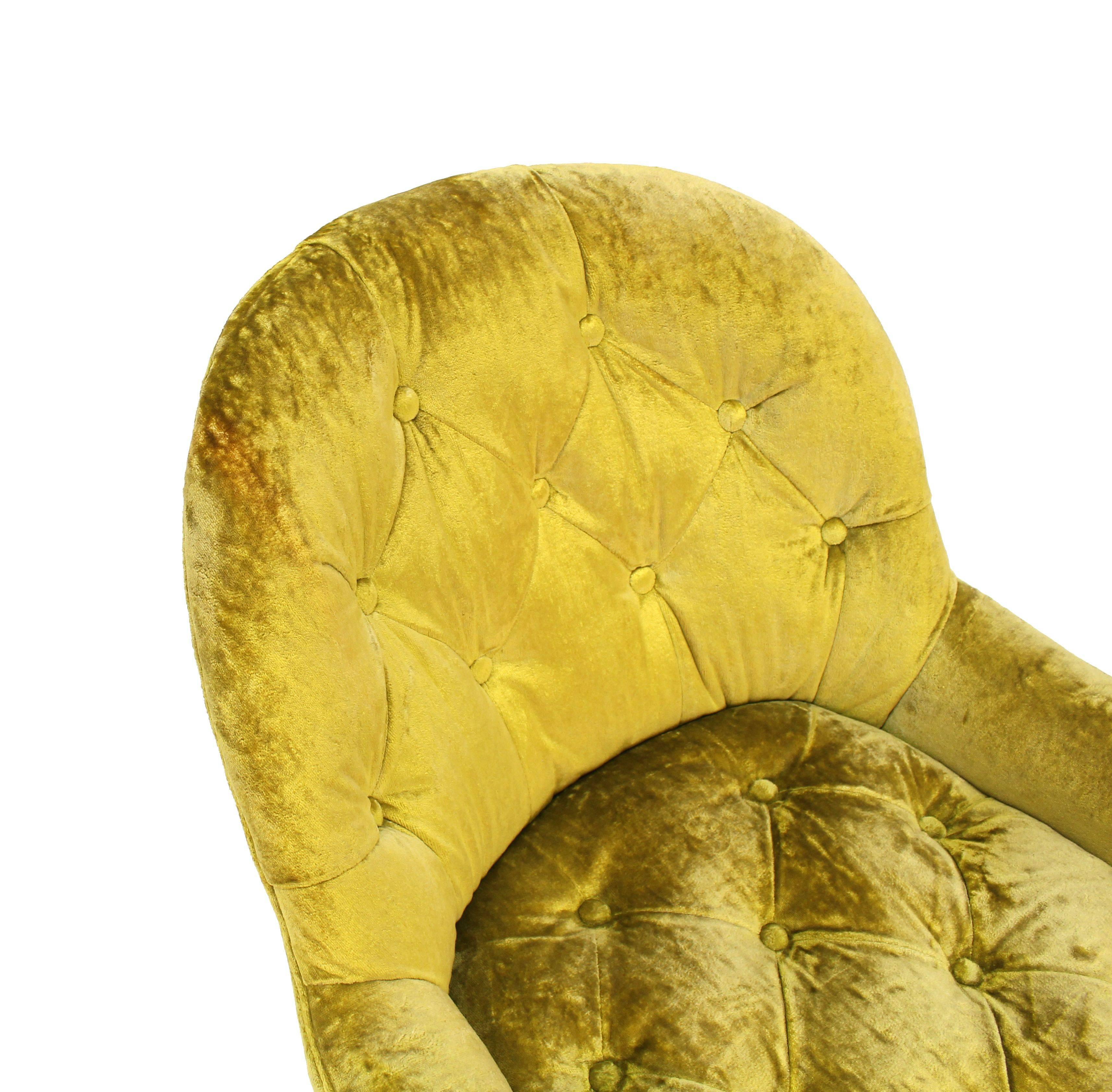 Mid-Century Modern Pair of Gold Tufted Velvet Upholstery Vintage Barrel Back Slipper Lounge Chairs