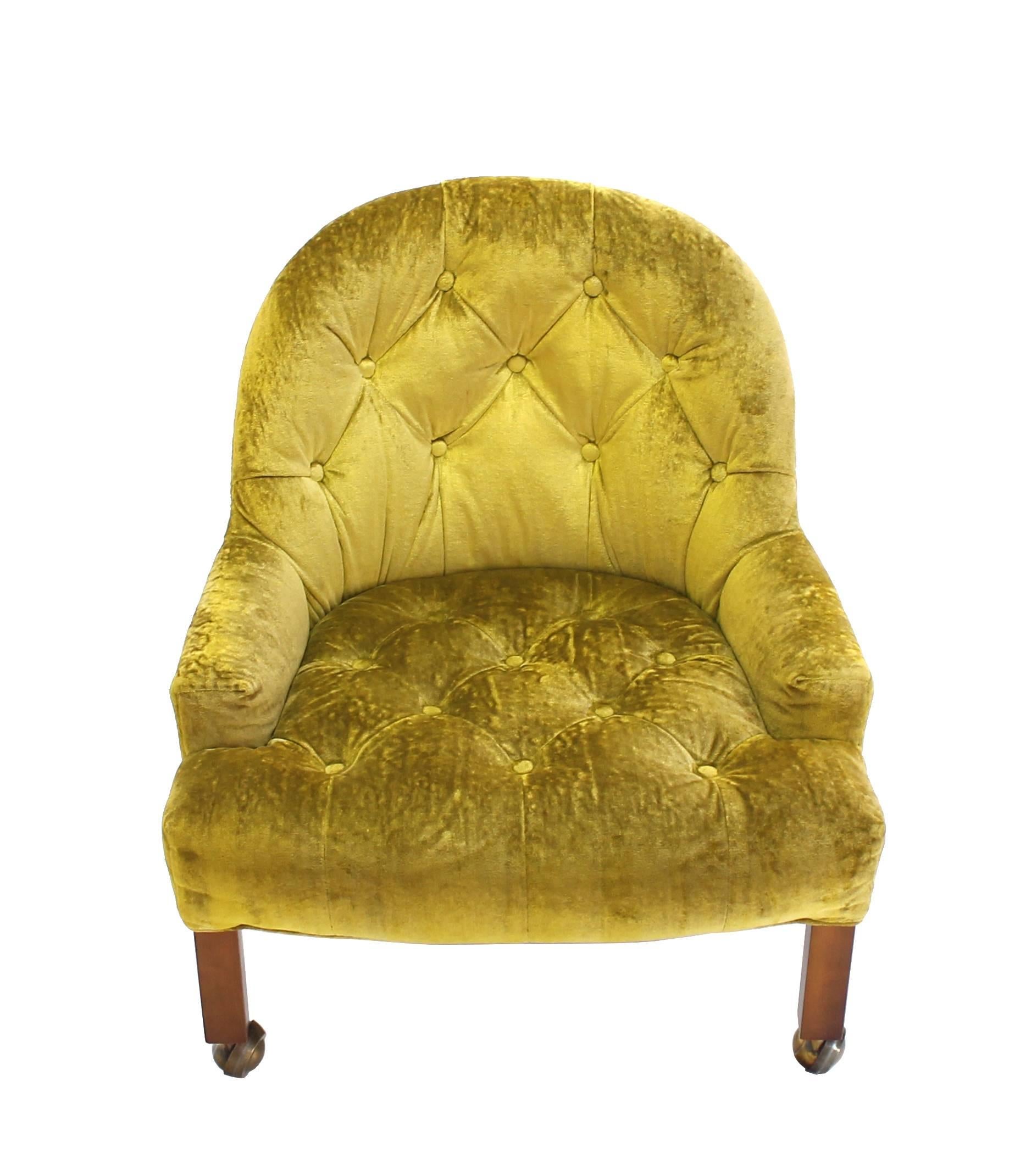 20th Century Pair of Gold Tufted Velvet Upholstery Vintage Barrel Back Slipper Lounge Chairs