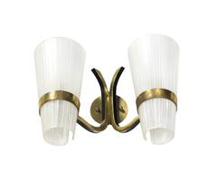 Brass Italian Mid-Century Modern Sconce Striped Satin Glass Cone Shades