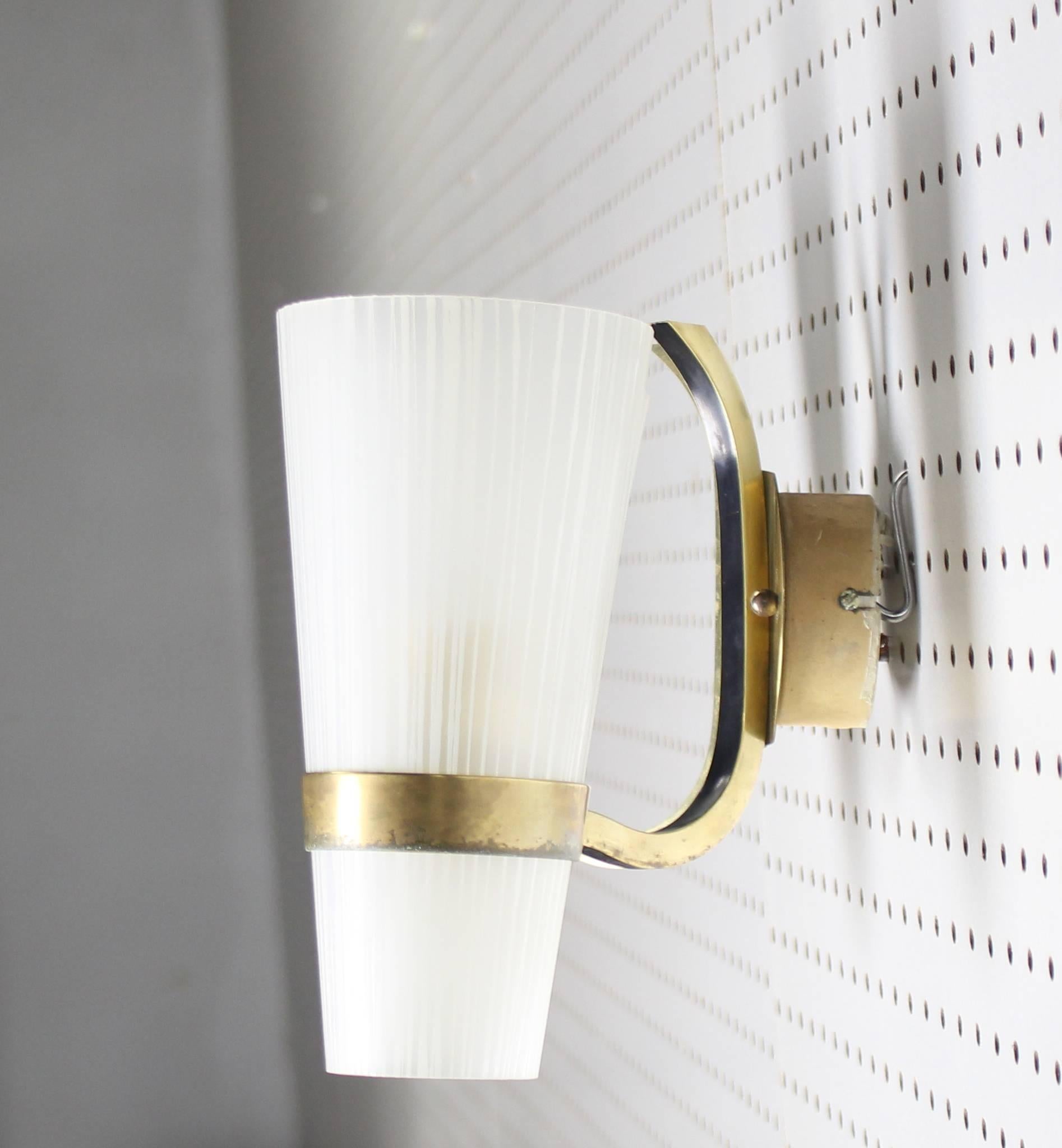 Frosted Brass Italian Mid-Century Modern Sconce Striped Satin Glass Cone Shades