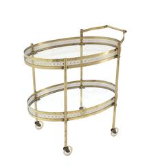 Oval Pierced Brass and Glass Two-Tier Tea Serving Cart on Wheels