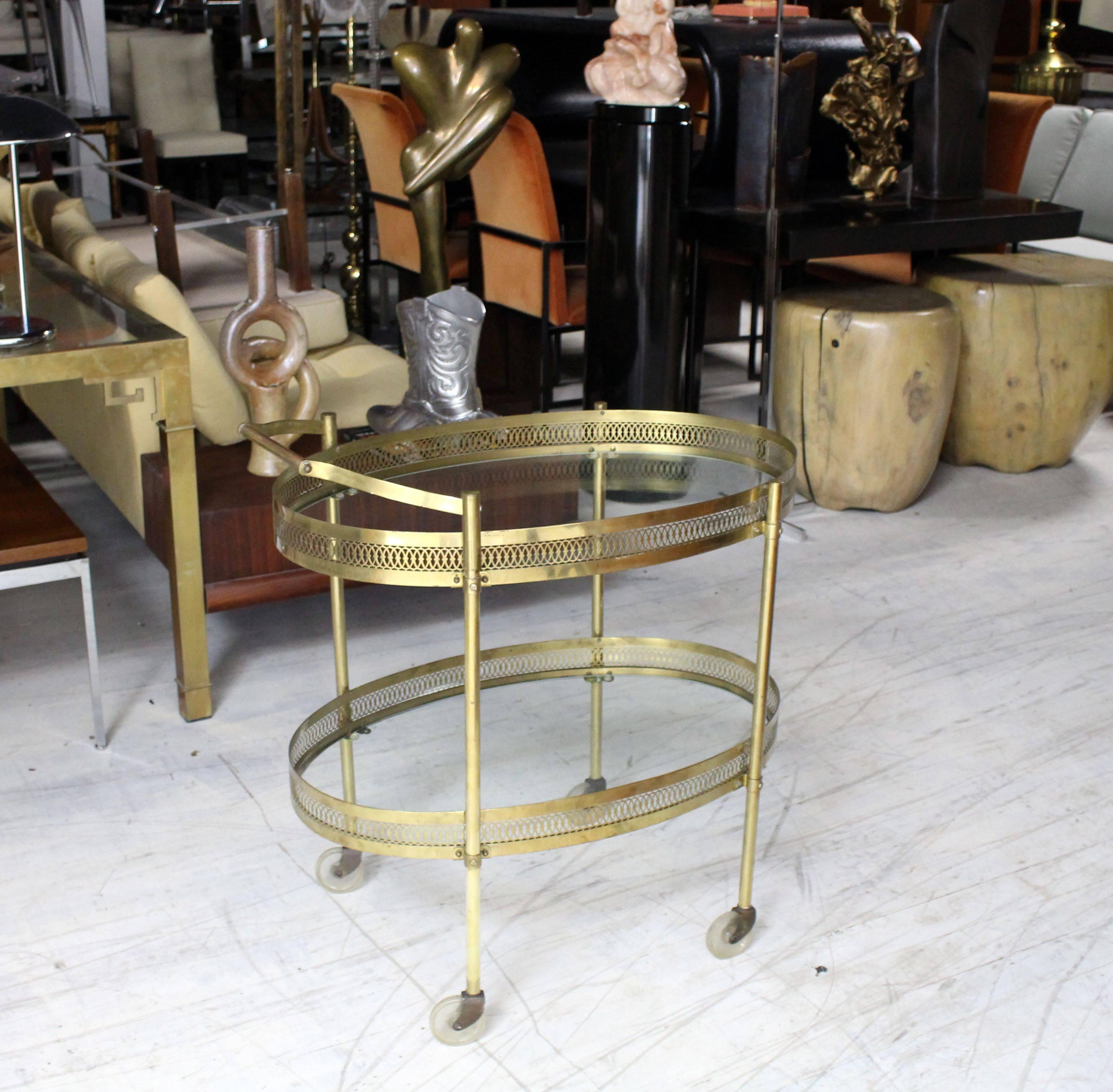 Mid-Century Modern Oval Pierced Brass and Glass Two-Tier Tea Serving Cart on Wheels