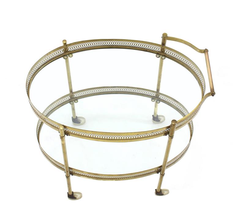 Oval Pierced Brass and Glass TwoTier Tea Serving Cart on Wheels at 1stDibs