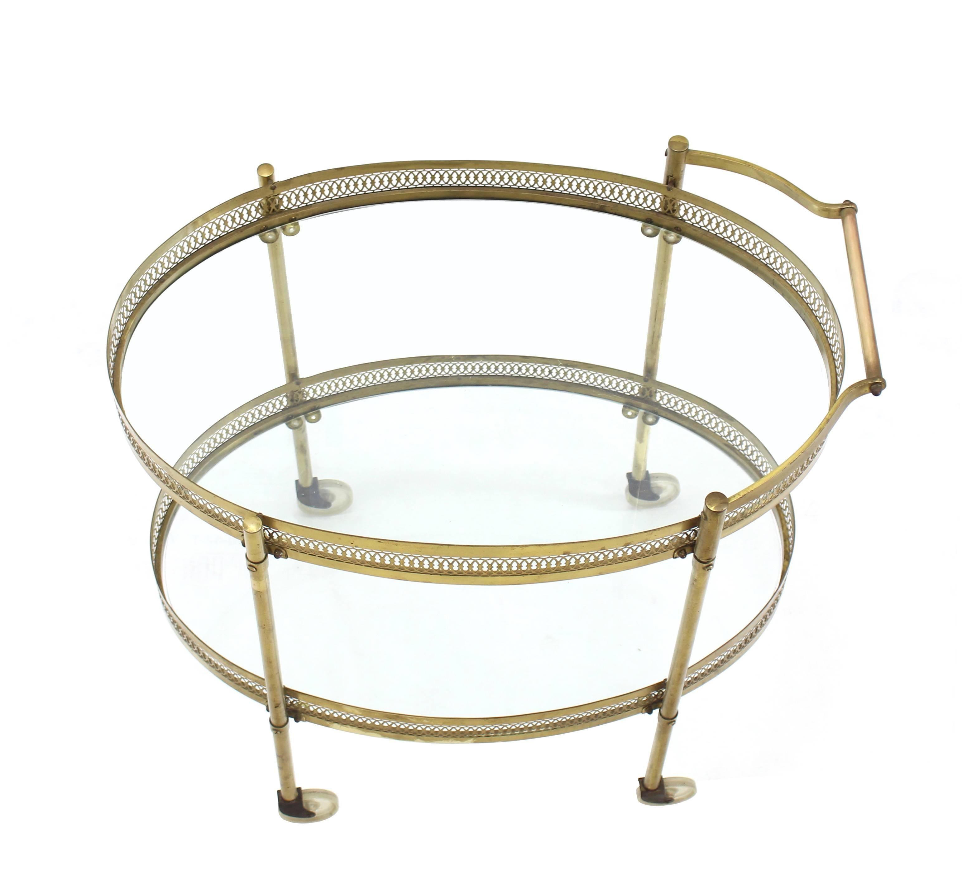 American Oval Pierced Brass and Glass Two-Tier Tea Serving Cart on Wheels