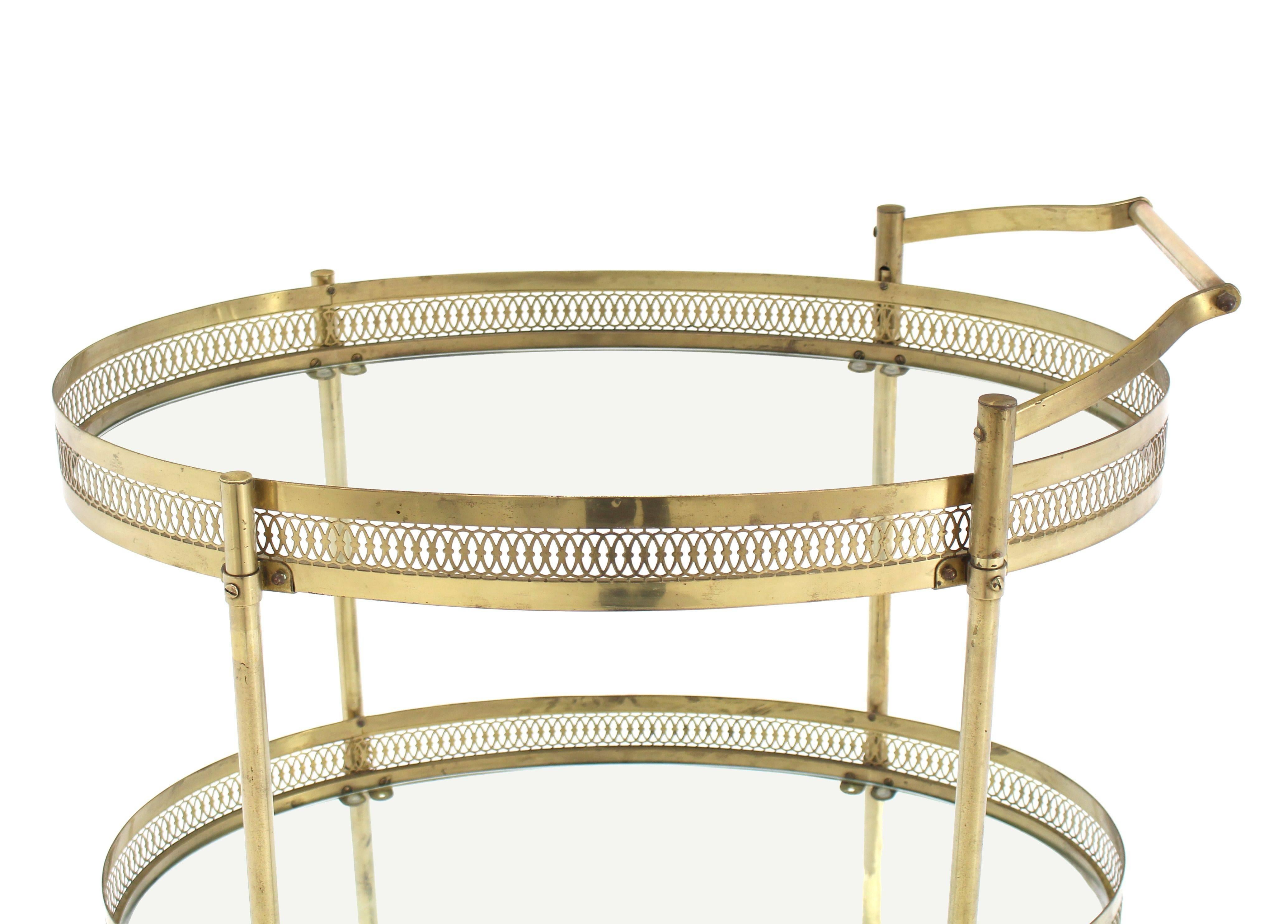 Oval Pierced Brass and Glass Two-Tier Tea Serving Cart on Wheels In Good Condition In Rockaway, NJ