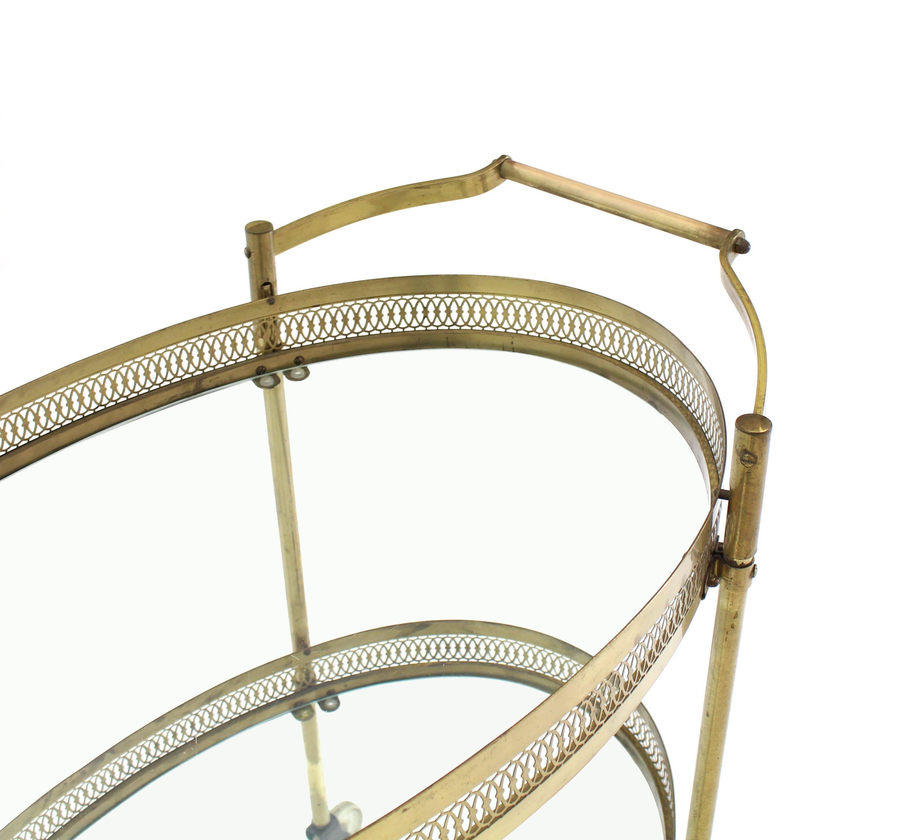 Oval Pierced Brass and Glass Two-Tier Tea Serving Cart on Wheels 1