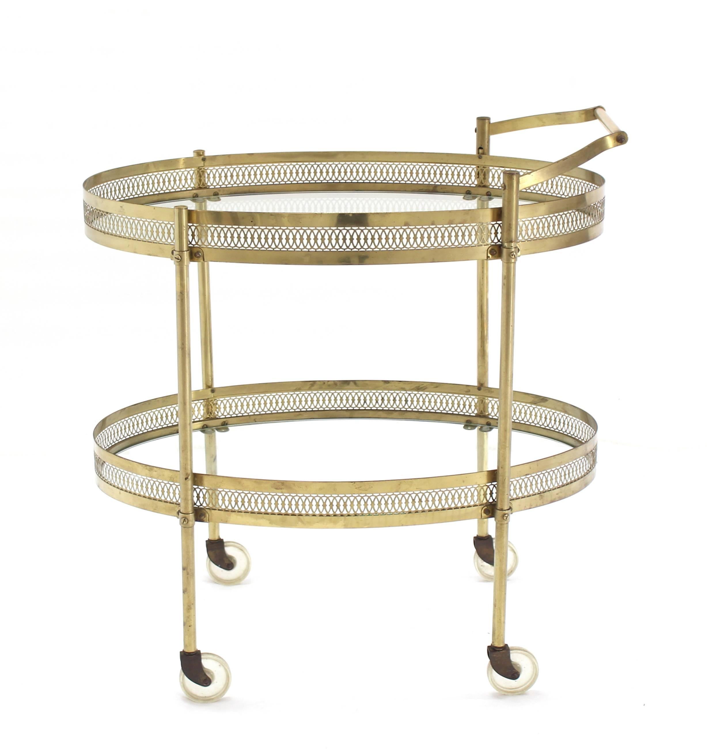 Oval Pierced Brass and Glass Two-Tier Tea Serving Cart on Wheels 2