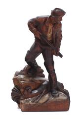 Fine Carved Wood Hunter with Gun Deer Sculpture
