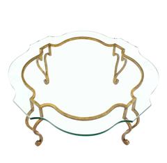 Gilt Wrought Iron Thick Figural Glass Top Round Coffee Table Hollywood Regency