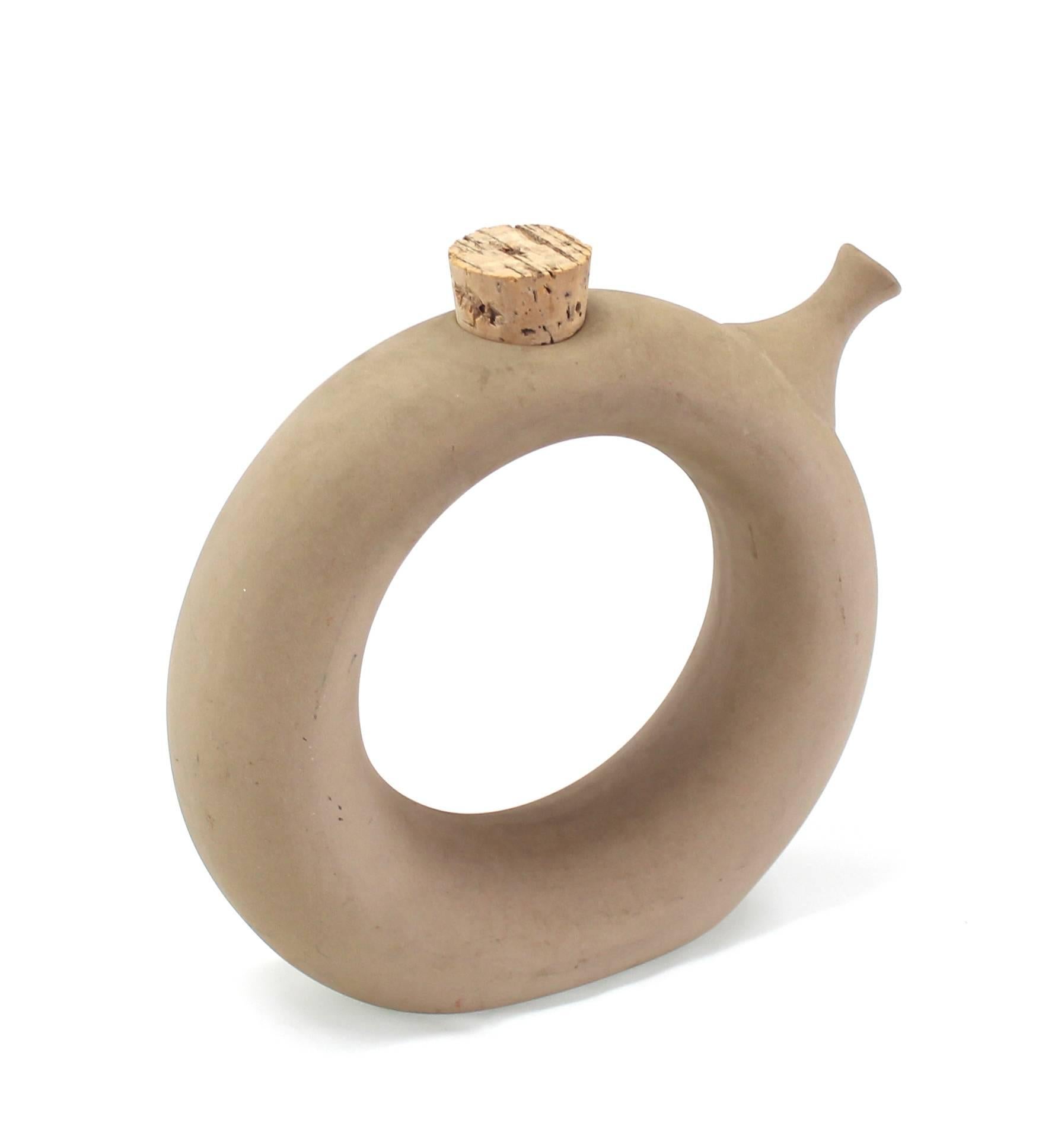 Mid-Century Modern period donut shape pottery pitcher jug.
