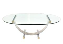 Large Oval Glass Brass Chrome Dining Conference Table, Mid-Century
