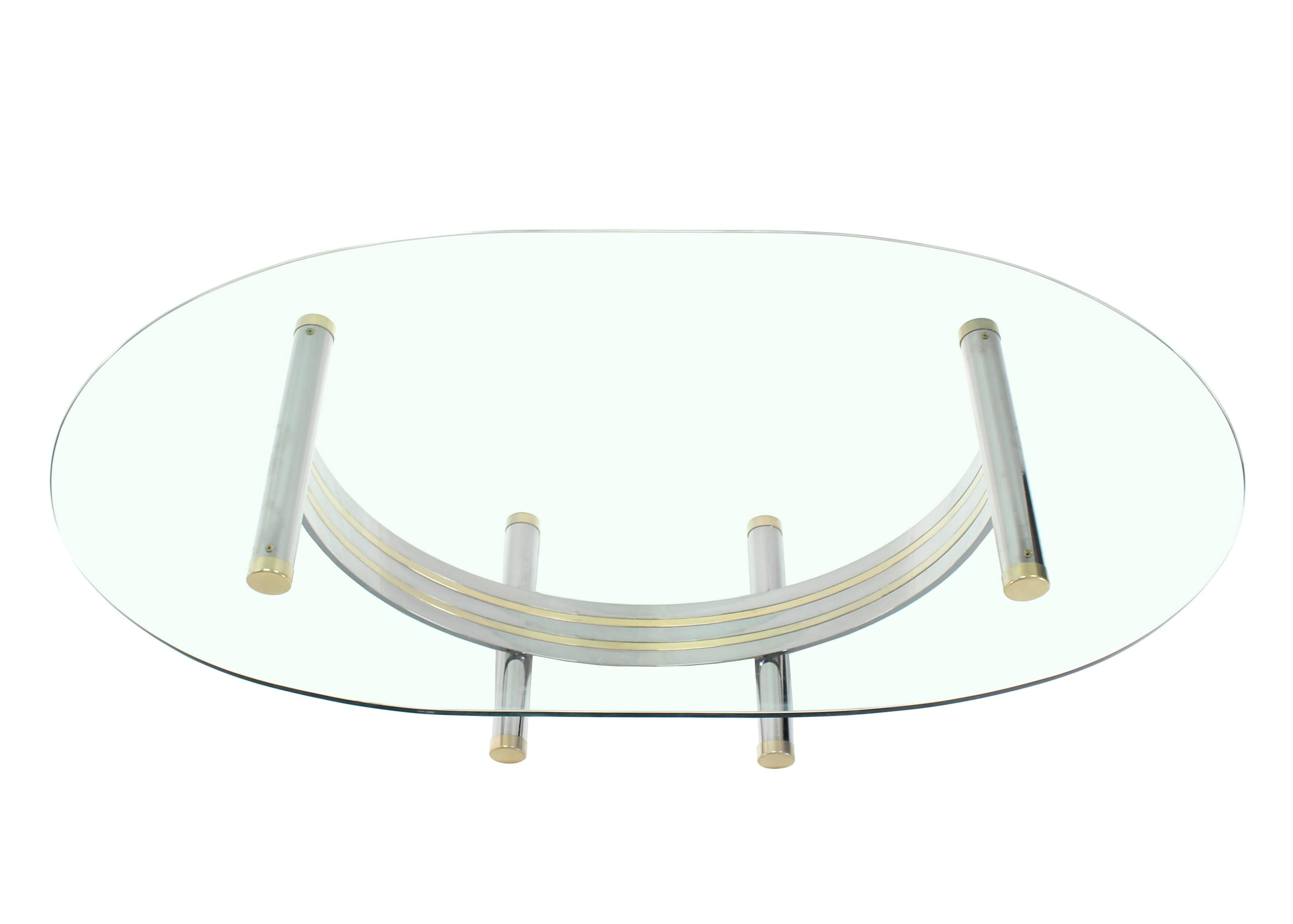 Mid-Century Modern Large Oval Glass Brass Chrome Dining Conference Table, Mid-Century