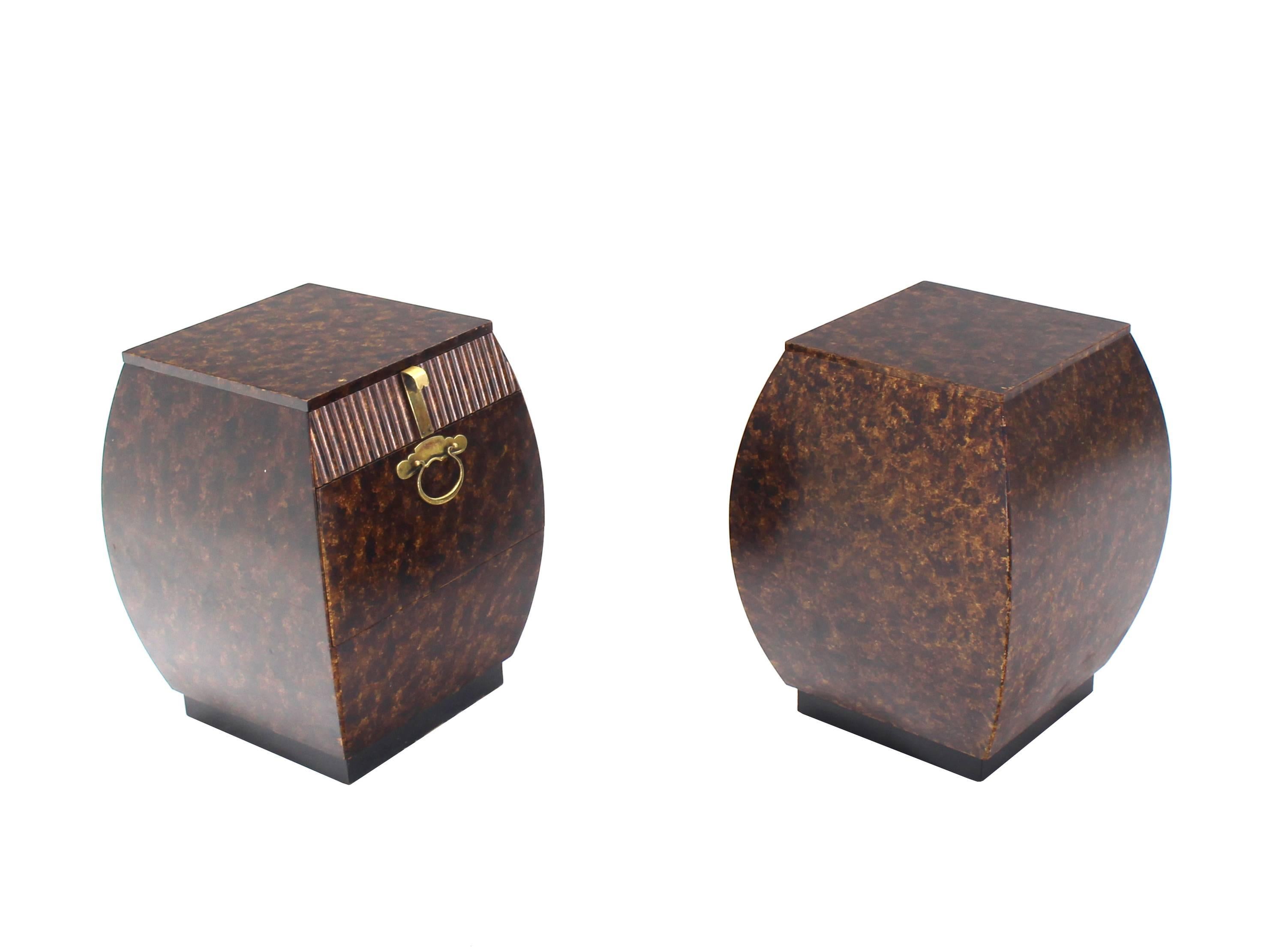 Pair of Mid-Century Modern highly decorative end tables with three drawers by Widdicomb.