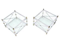 Pair of Large Square Jansen Chrome Brass Glass Side End Tables Mid-Century