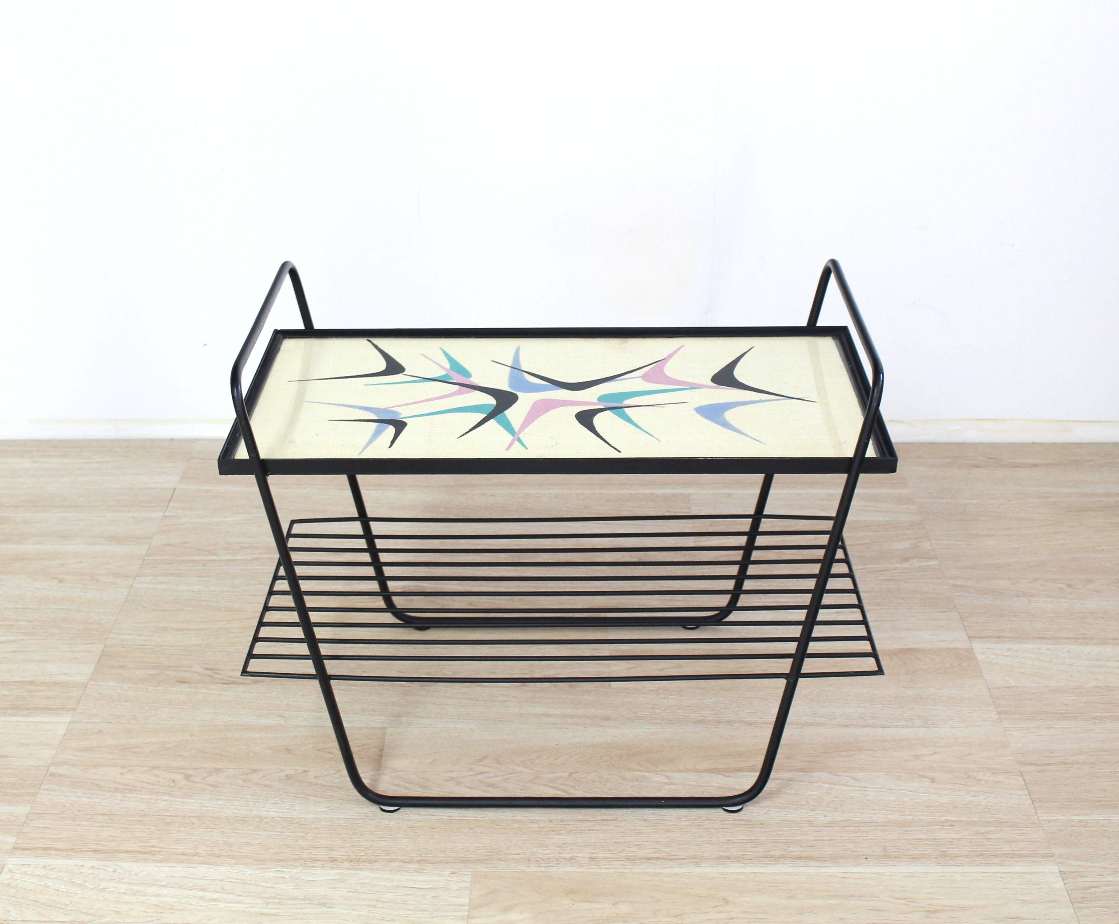 Rectangular Mid-Century Modern serving tray side end table. Wire design with printed cloth modern pattern top covered with glass.