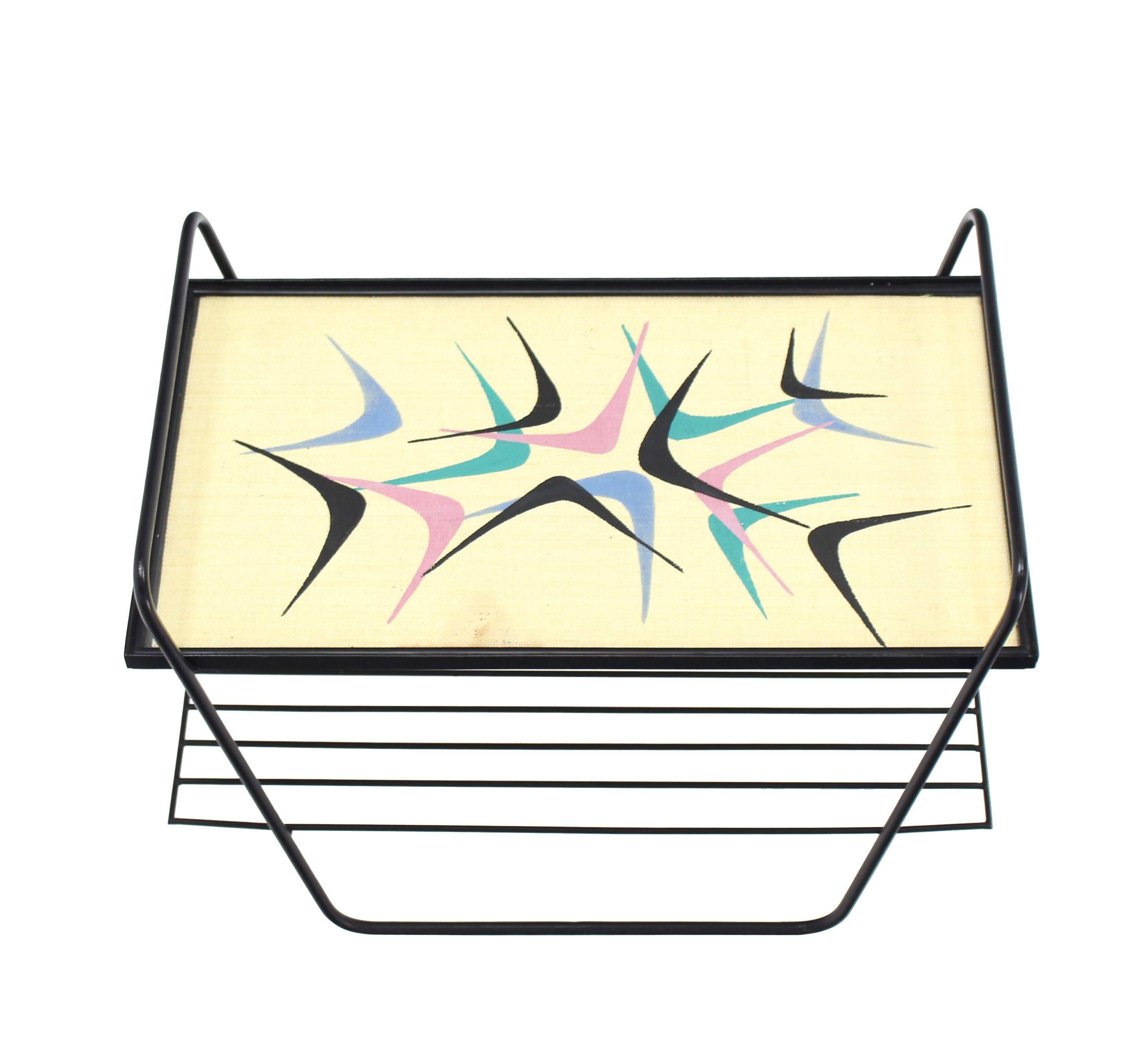 American Abstract Design Glass Top Wire Shelf Mid-Century Modern Side Table Cart Tray For Sale